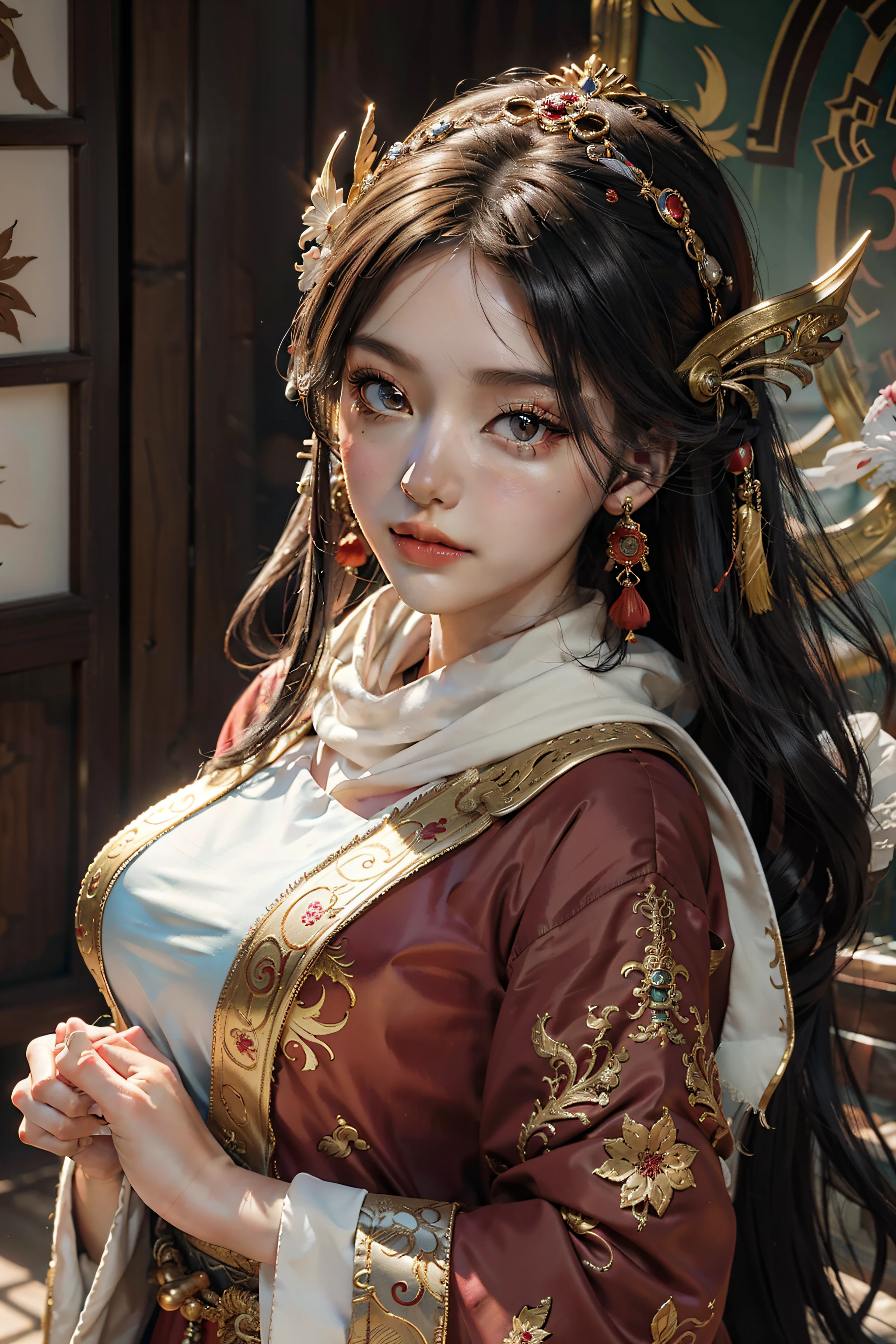 offcial art，Extremely detailed，oil painted，sputtering，1girll，The facial features are delicate and beautiful, non blurry，Red eyeshadow，light make-up，Gorgeous damask and silk accessories，Gorgeous feathers and headdresses，Chinese immortals，Female fairy，The sleeves flutter，The scarf flutters，Light smile，The girl is in the center of the frame，Full of fairy，The is very detailed，Ultra-high sharpness，超高分辨率，8K，Ray traching，lightand shade contrast，Deng Huang mural，realisticlying，3D，Full body photo，