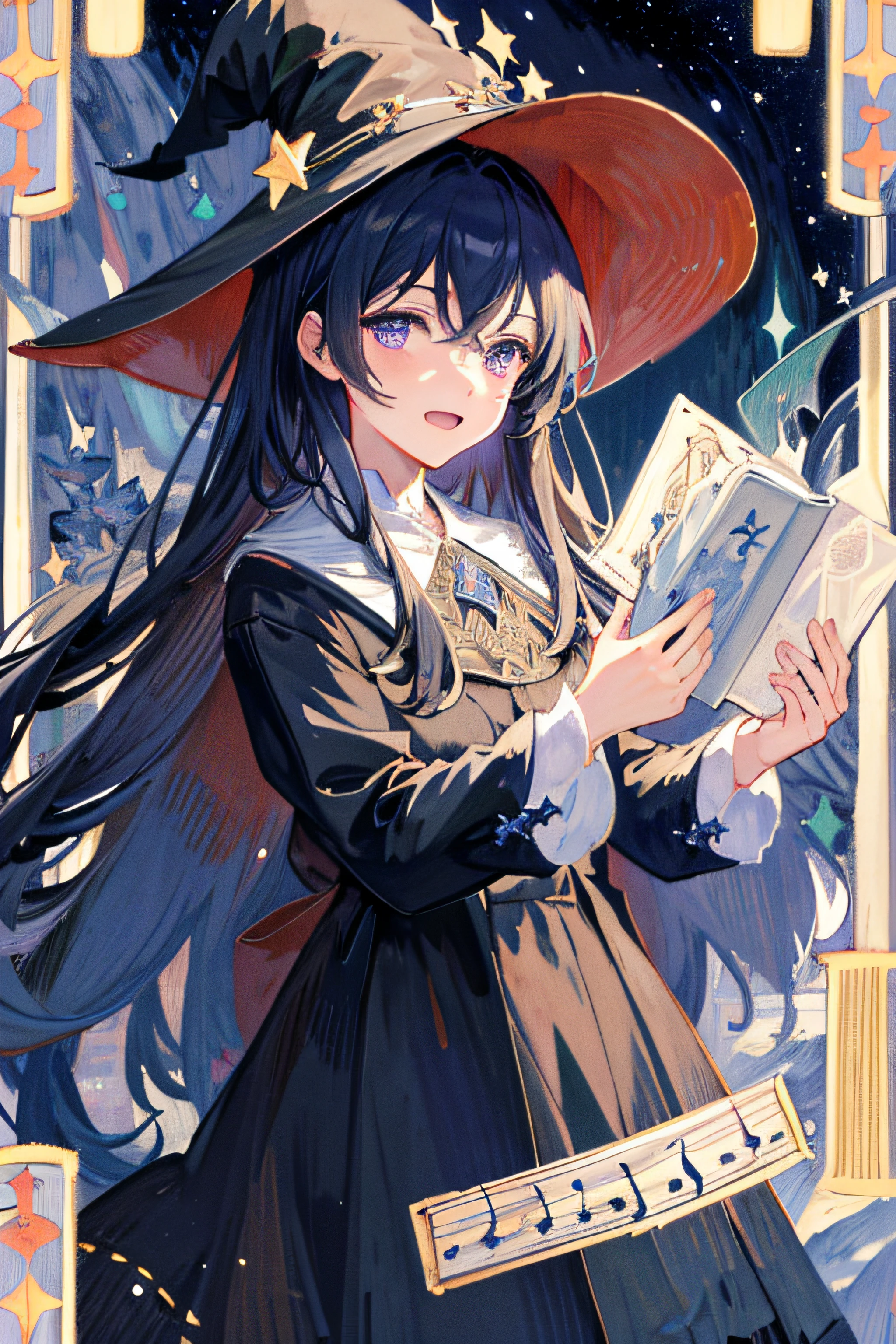 ((Masterpiece:1.2, Best quality)), 1girll, Solo, (Witch hat), Black hair, Long hair, dress, aurora, Night, Star (sky), mitts, sky, White dress, Night sky, Open mouth, Starry sky, Purple eyes, ribbon, Very long hair, Red dress, Smile, Hair ribbon, Cape, Black hair, (Bird), magic, casting spell, Dark clouds, Night, (Impressionism:1.4), (tarot:1.3), Alphonse Mucha,,musical note,Musical notation