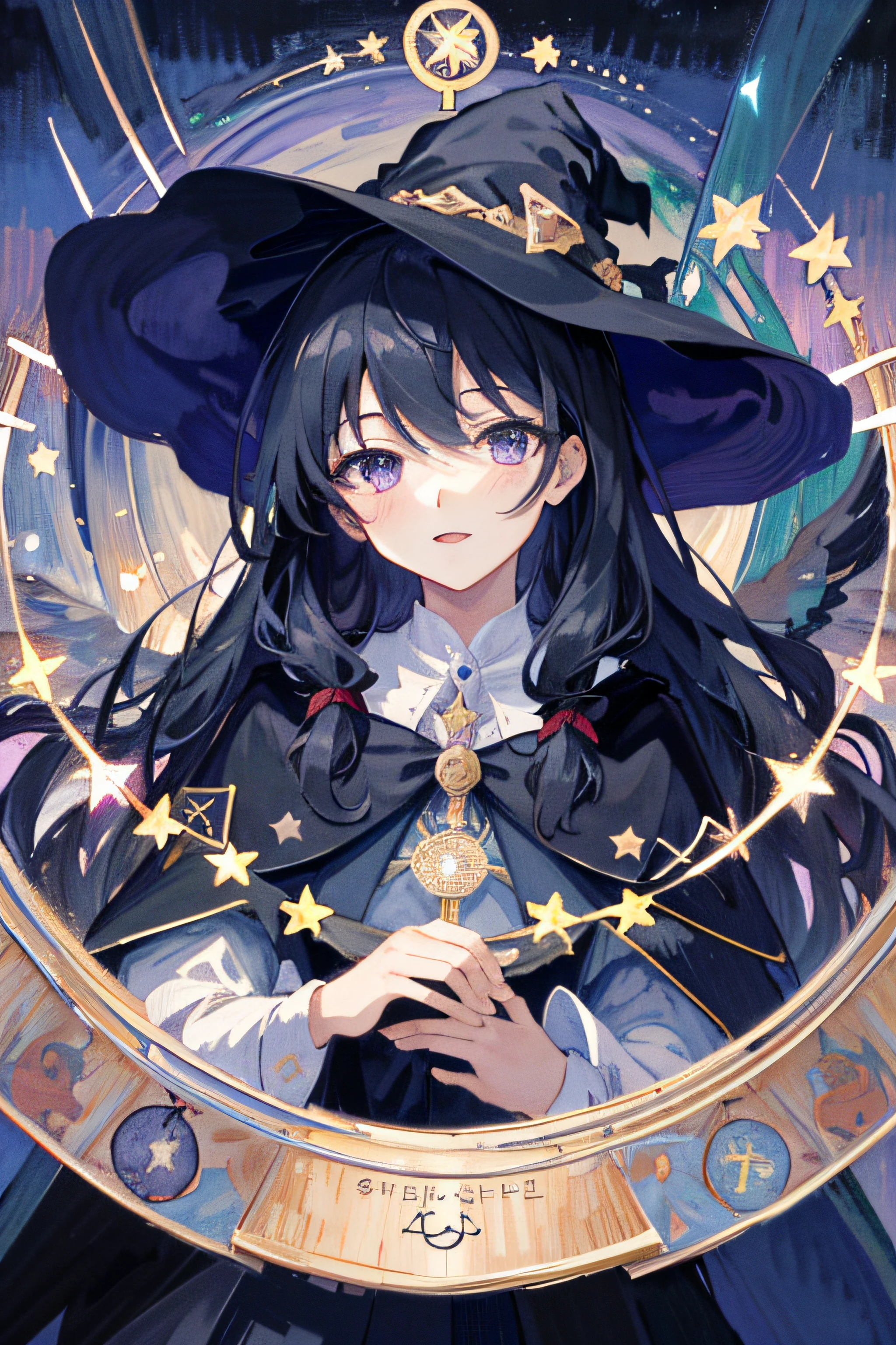 ((Masterpiece:1.2, Best quality)), 1girll, Solo, (Witch hat), Black hair, Long hair, dress, aurora, Night, Star (sky), mitts, sky, White dress, Night sky, Open mouth, Starry sky, Purple eyes, ribbon, Very long hair, Red dress, Smile, Hair ribbon, Cape, Black hair, (Bird), magic, casting spell, Dark clouds, Night, (Impressionism:1.4), (tarot:1.3), Alphonse Mucha,,musical note,Musical notation