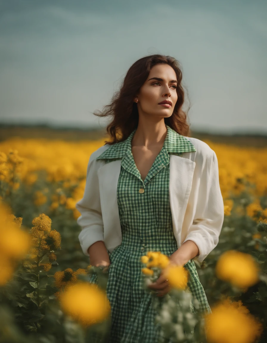 woman wearing white and green retro checkered clothes, yellow flowers on clear sky background, low angle shot, medium shot, high quality photo