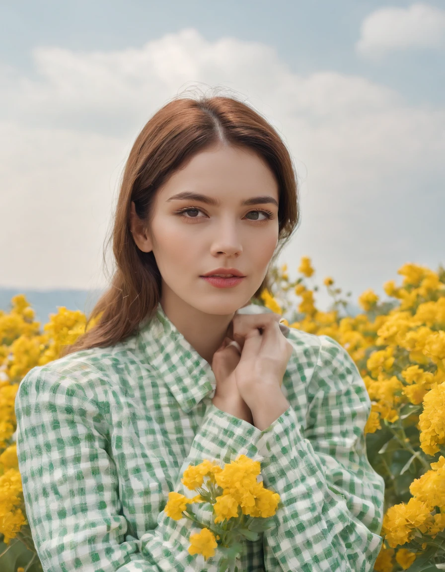 woman wearing white and green retro checkered clothes, yellow flowers on clear sky background, low angle shot, medium shot, high quality photo