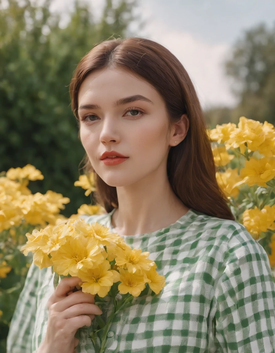 woman wearing white and green retro checkered clothes, yellow flowers on clear sky background, low angle shot, medium shot, high quality photo