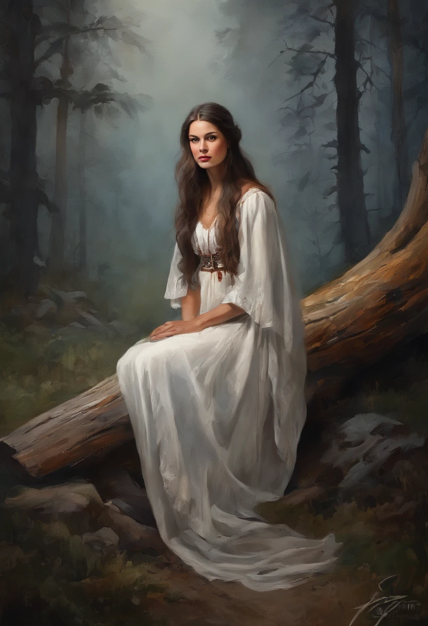 Young girl, Girl 17 years old, Cowboy shot of beautiful brunette, Beautiful, long braids of dark black hair, hands on thighs, brown eye, White dress with red ornate ruffles, tape, white cape on the shoulders, letho, woods, the night, lunar crescent Gloomy atmosphere, The dark forest behind you, There are clouds in the sky, (Against the background of an old hut, old log house) the night, luna, dark forest