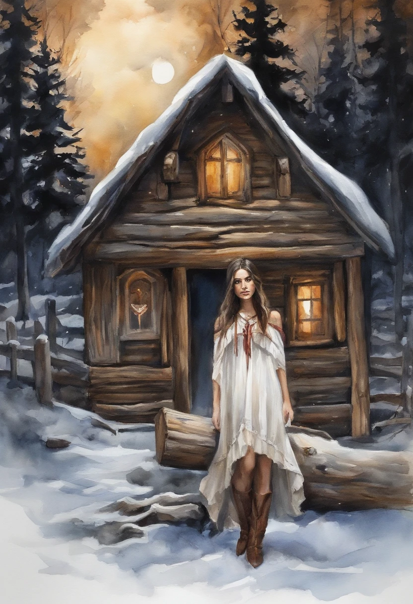 Young girl, Girl , Cowboy shot of beautiful brunette, Beautiful, long braids of dark black hair, hands on thighs, brown eye, White dress with red ornate ruffles, tape, white cape on the shoulders, letho, woods, the night, lunar crescent Gloomy atmosphere, The dark forest behind you, There are clouds in the sky, (Against the background of an old hut, old log house) the night, luna, dark forest