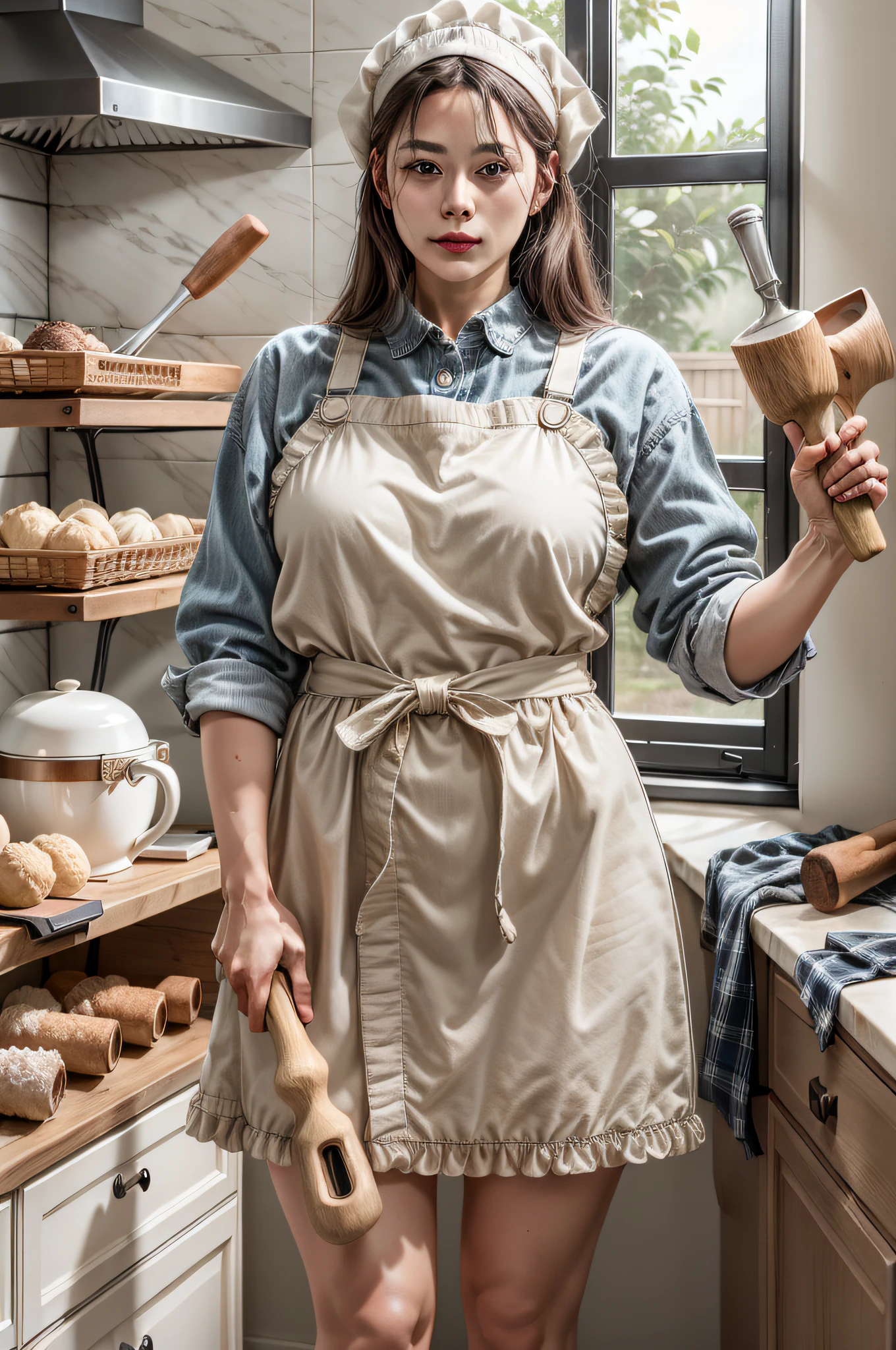 wielding a rolling pin, holding the rolling pin by its handle, rolling pin is big and straight