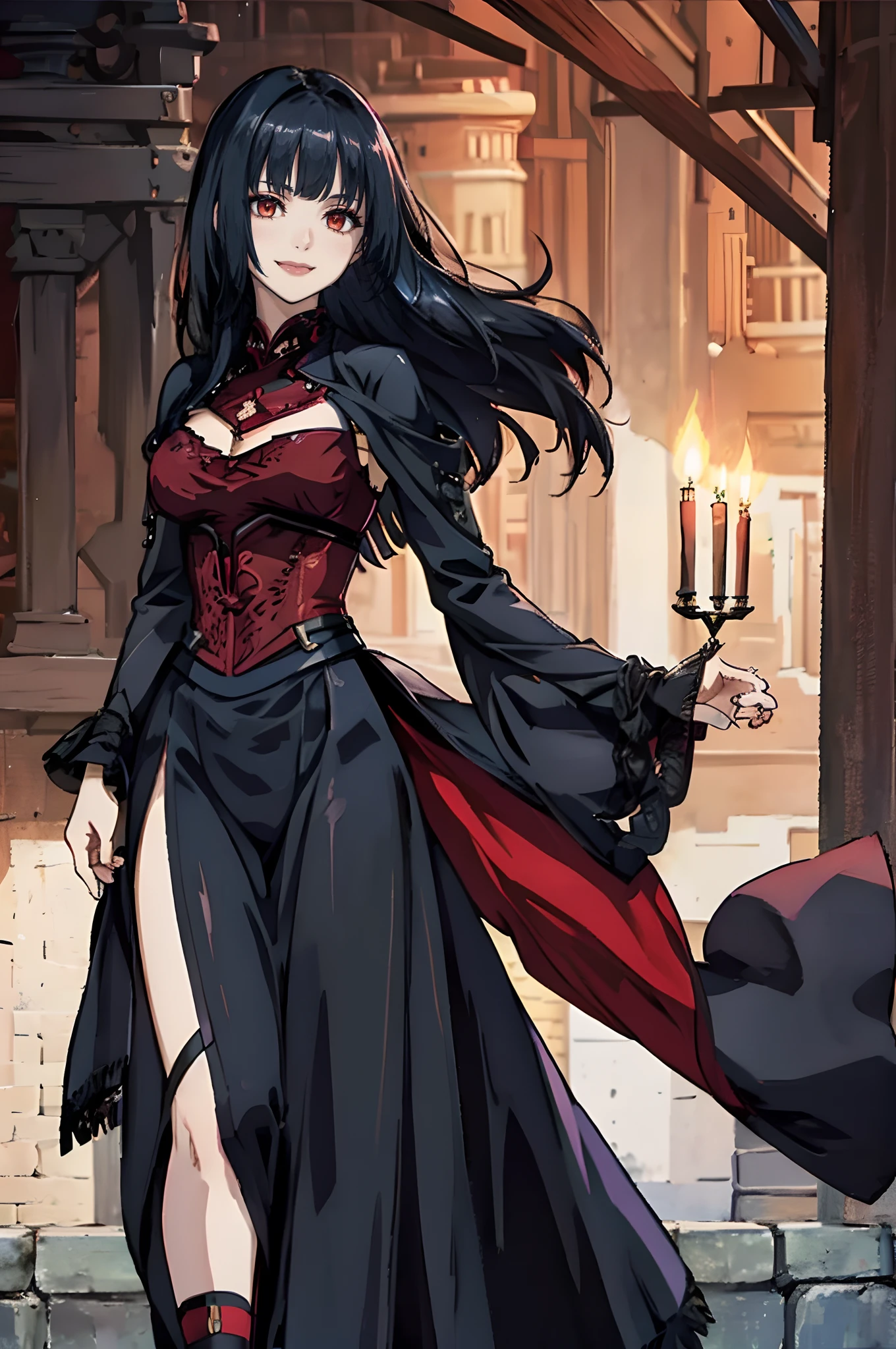 A lithe beautiful goth woman with long black hair (fringe haircut), brass eyes, smiling sweetly, wearing a dark red elegant dress, empty candle-lit medieval street background