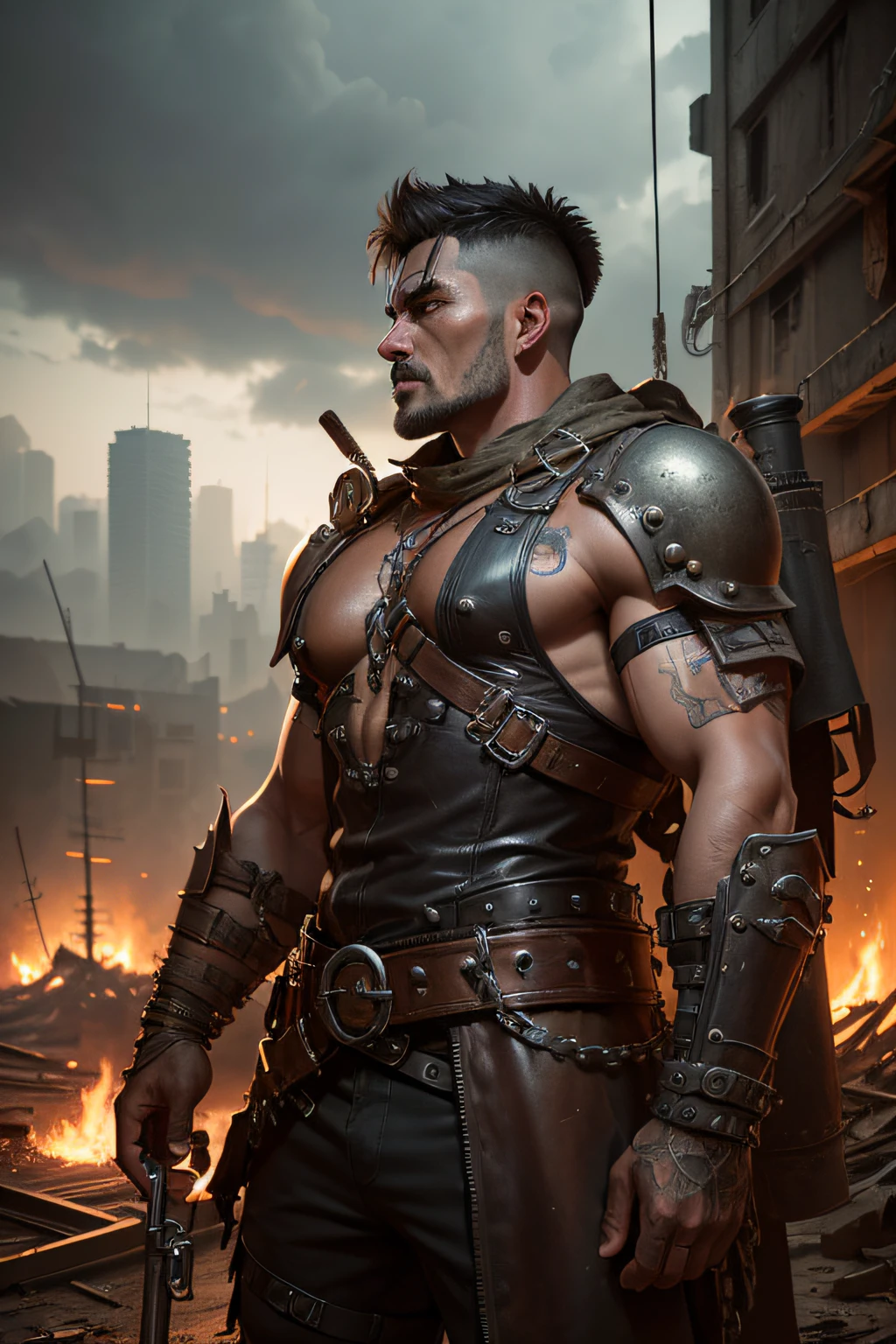 postapocalypse warrior, leather, leather straps, rivets, chains, ropes, bronze, corrugated tubes, against the background of the ruined city, rusted steel structures, ((intricate details)), hdr, ((intricate details, hyperdetailed)), cinematic shot, vignette, highly detailed, INTRICATE, photo realistic, cinematic lighting