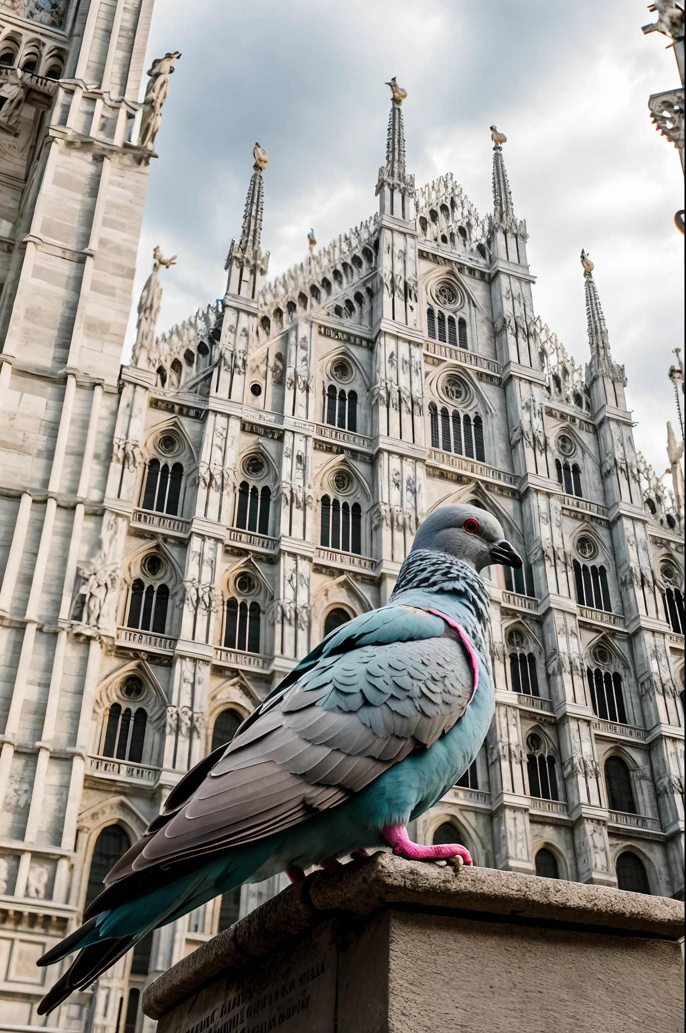 [professional photo, High Resolution, wild photography, 8k, low angle shot, best quality camera lens, sony premium camera], [there is a beautiful blue italian pigeon resting on the ground in front of duomo di milano monument of italia], the perfect weather , cloudy sunny sky, detailed pigeon eyes, beautiful pigeon, beautiful monument of duomo di milano, perfect lighting for photography