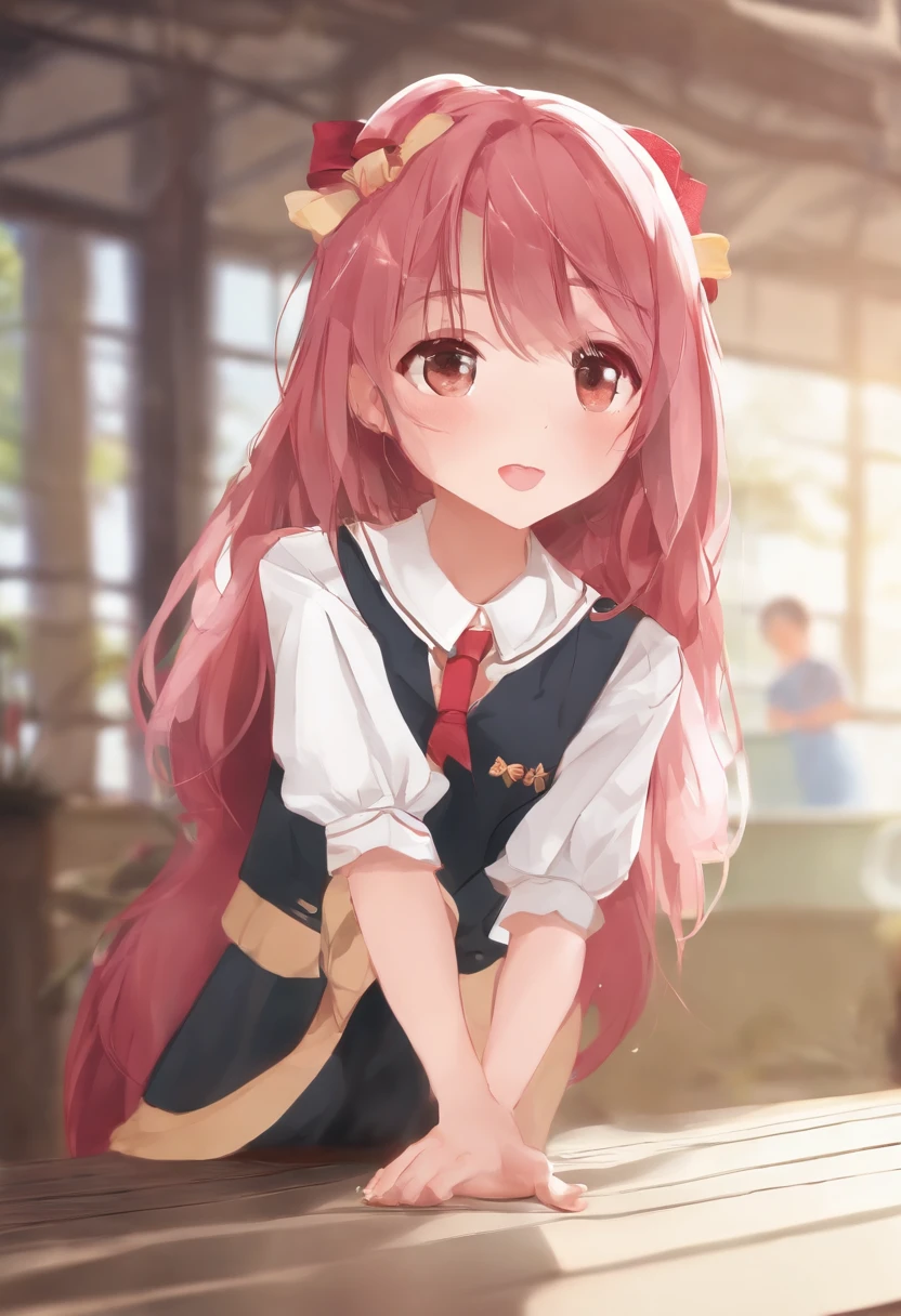 One long hair，girl wearing school uniform，Superskirt，Pink hair，looks away，sitted，embarressed，Be red in the face，weeping，Mouth closed，‎Classroom（Girl leaking urine）Gymnastics sports posture One word horse，Bare shoulders，鎖骨，a narrow waist，rays of sunshine，rays of sunshine，rosette，ventania，cleavage,