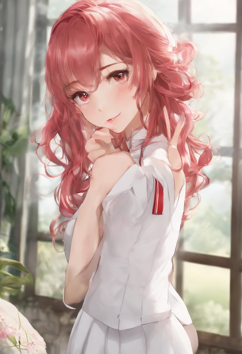 One long hair,girl wearing school uniform,Superskirt,Pink hair,looks away,sitted,embarressed,Be red in the face,weeping,Mouth closed,Classroom(Girl leaking urine)Gymnastics sports posture One word horse,Bare shoulders,鎖骨,a narrow waist,rays of sunshine,rays of sunshine,rosette,ventania,cleavage,