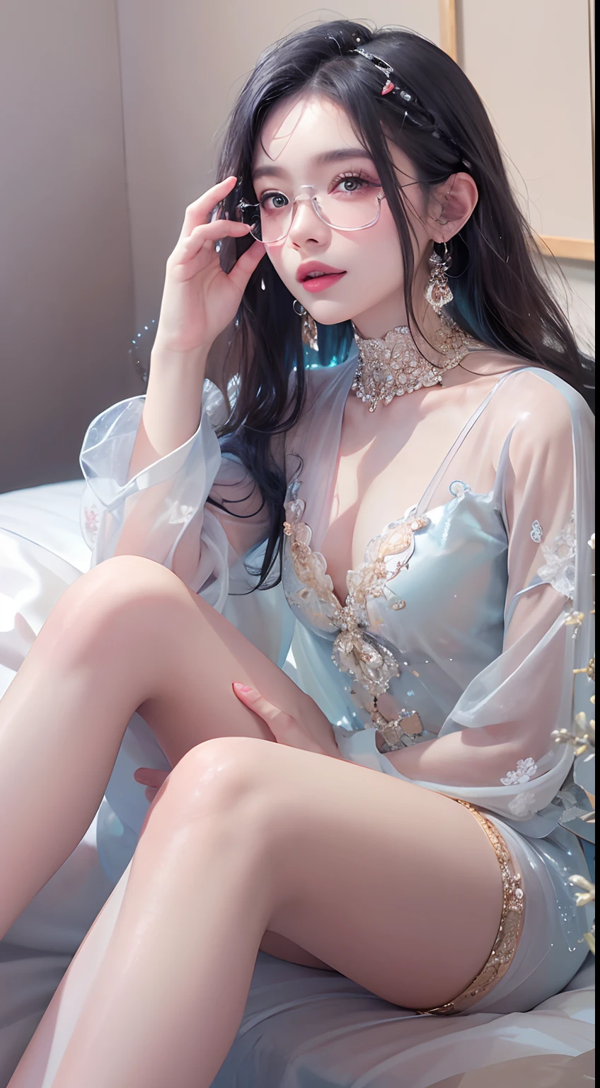 1girll,(enchanced quality:1.4),(Top quality true texture skin), Delicate face,Black hair, Gradient hair, Petite body,(perfect bodies:1.1), There are precious stones on the forehead, rimless eyewears, Sparkling pupils,long eyelasher,grin, hyper photorealism, Cinematic lighting, projected inset, surrealism, hyper HD, Masterpiece, 16k,Lie down,dream on,Wear transparent silk pajamas,Carmelto,Legs slightly open,Tattooed with,Fantasy space,Luxurious space