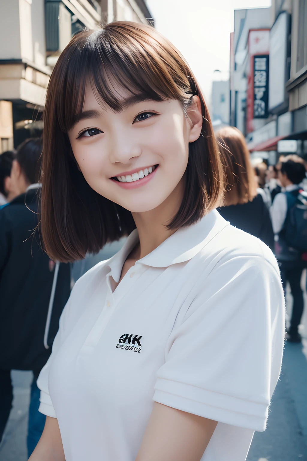 ((top-quality、8k、​masterpiece:1.3))、1girl in、a smile、full bodyesbian、with round face、Pretty women、shorth hair、(dark brown  hair)、polo shirts:1.1、hyperdetailed face、A detailed eye、二重まぶた、blured background、Slim Faces、城市、takeout、a street、