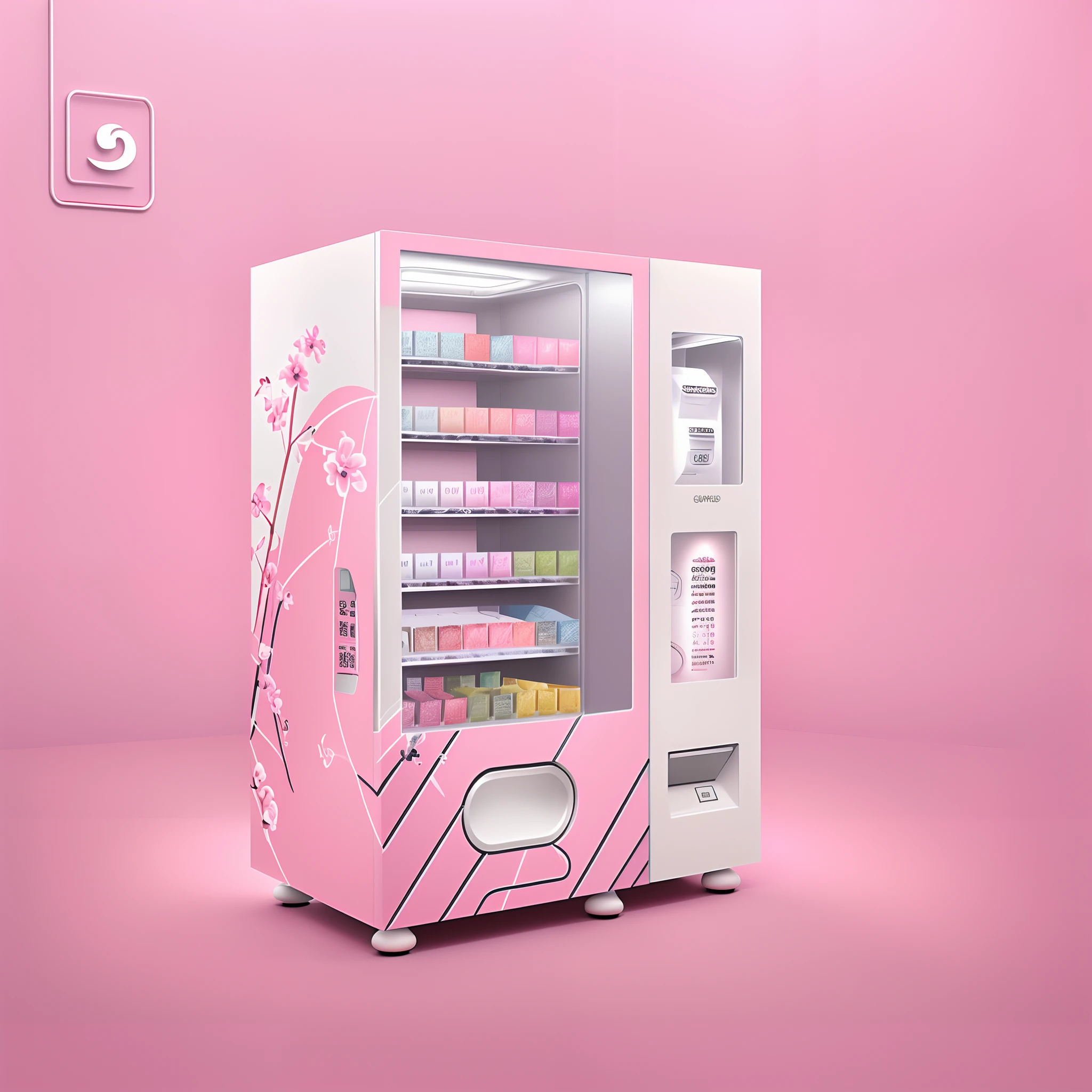 Makeup，Cosmetic elements，Or vending machines for products related to Gu Yu， The panel is centered， Official product image，The upper large screen is the advertising screen，The small place that protrudes from the front is the card machine，The fuselage has simplicity，Design sense of literary style，Reasonable elements with beauty elements appear on the body, Such as a hydration kit , Masks and other elements，Concise elements，Elements such as the sense of design can also be a little more and so on，The whole color is mainly light pink and white，The color distribution can be 50 each%The elements are more diverse