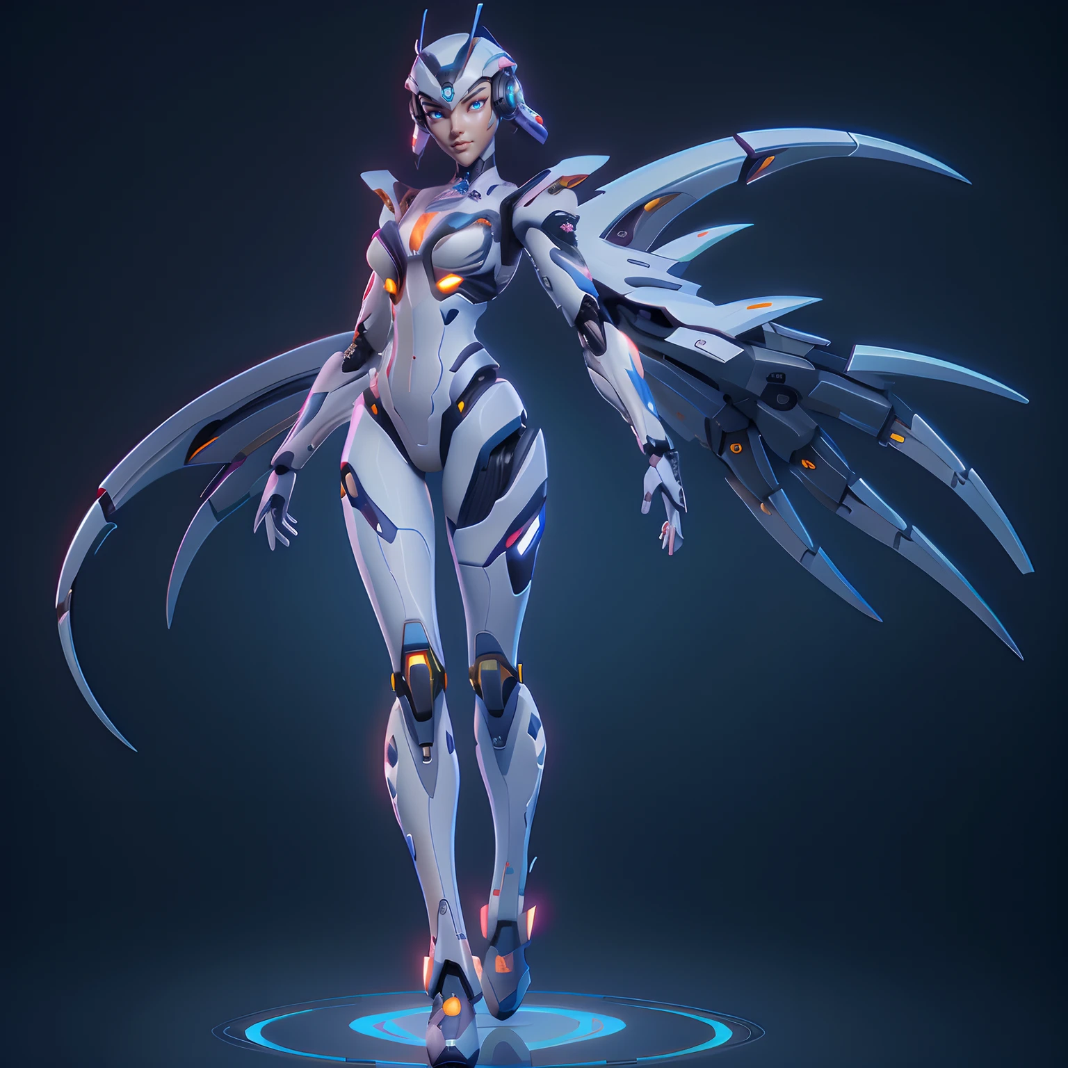 a Artificial robot, human face, full body view, futuristic robot body, symmetry! futuristic robotic, beautiful robot character design, lots of 3 d cyborg elements, futuristic robot, female cyborg, beautiful alluring female cyborg, cyborg tech on body and legs, anime robotic mixed with organic, highly detailed cybernetic body, female Artificial, perfect cyborg female, 8k resolution, UHD 3D rendering,