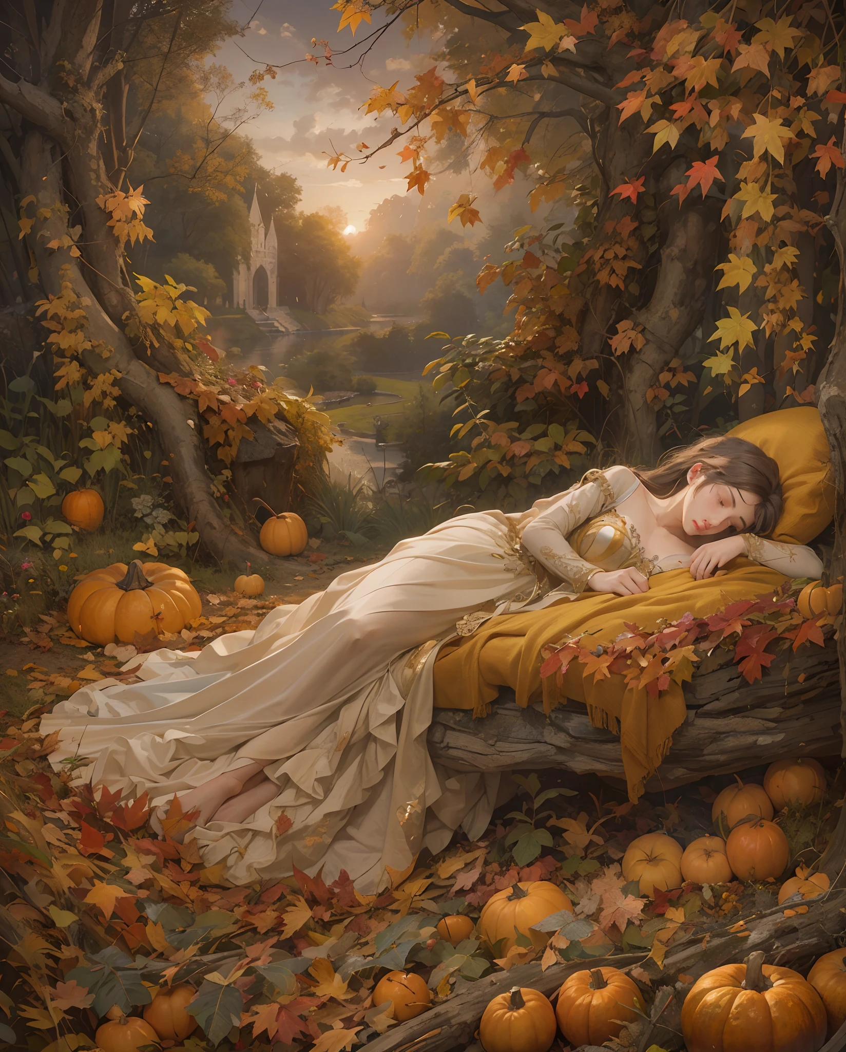 Best quality, masterpiece, meticulous details, intricate detail, a mystical autumn lady sleeping beauty