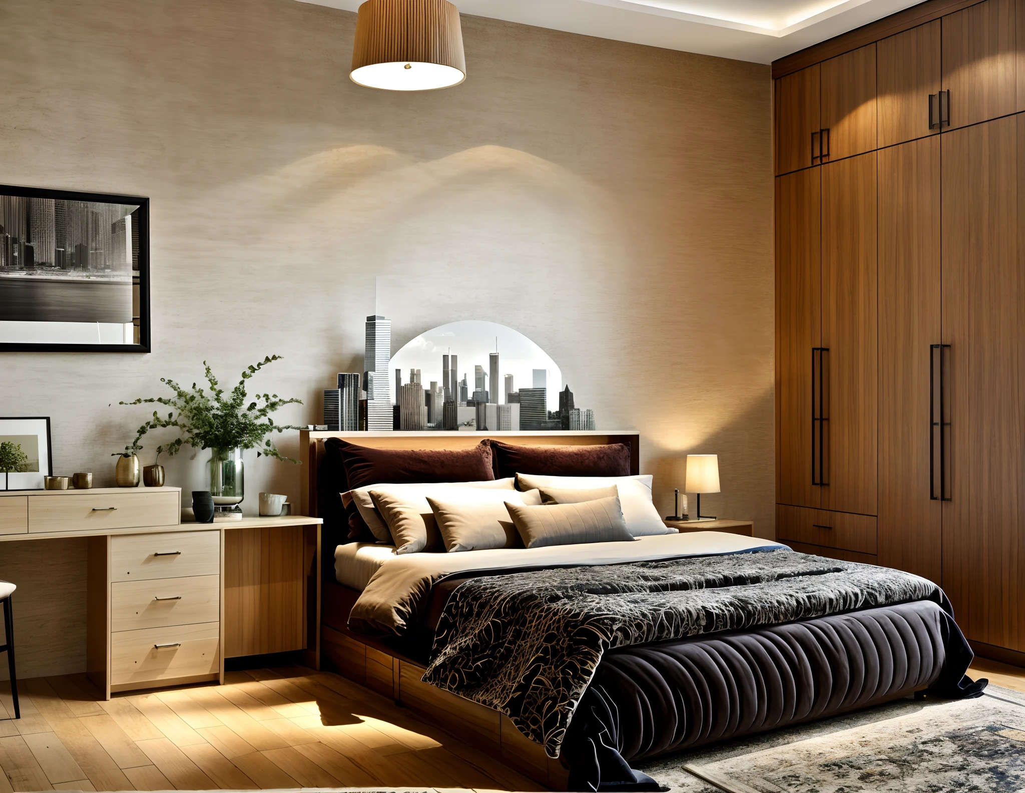 (best quality,4k,8k,highres,masterpiece:1.2),ultra-detailed,(realistic,photorealistic,photo-realistic:1.37),contemporary bedroom,wall painting,vibrant colors,soft lighting,artistic style,velvet curtains,modern furniture,luxury bed,abstract art,Mid-century nightstands,plush carpet,spacious room,warm and cozy ambiance,decorative plants,bookshelf filled with books,floor-to-ceiling windows,city skyline view,reflection on glass surfaces,clean and minimalist design,captivating patterns,elegant chandelier,serene atmosphere,subtle shadows,tranquil mood,calming color palette,comfortable seating area,polished wooden flooring.