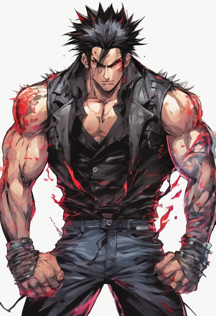 muscular anime man with jet-black spiky hair that has red streaks, sharp crimson eyes, and a sleeveless leather jacket over a black tank top. He wears fingerless gloves and combat boots, exuding a rebellious aura.