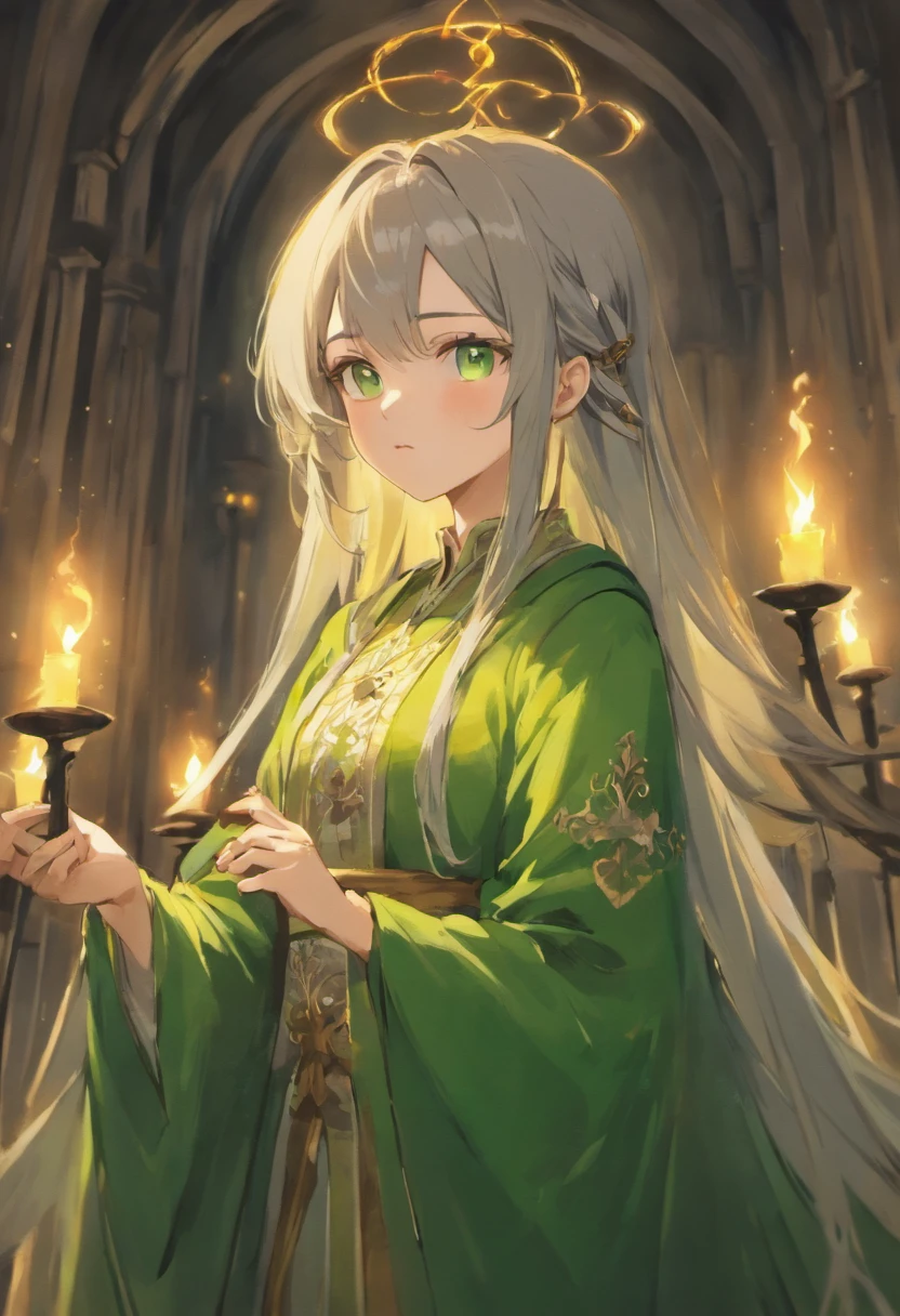 Fair complexion, A woman around 19 years old, Natural gray hair, Unique green eyes, Wear Cole, Slender and graceful, Candlelight in a medieval setting, super sharp focus, realistic lens, Medieval women's clothing, Four colors