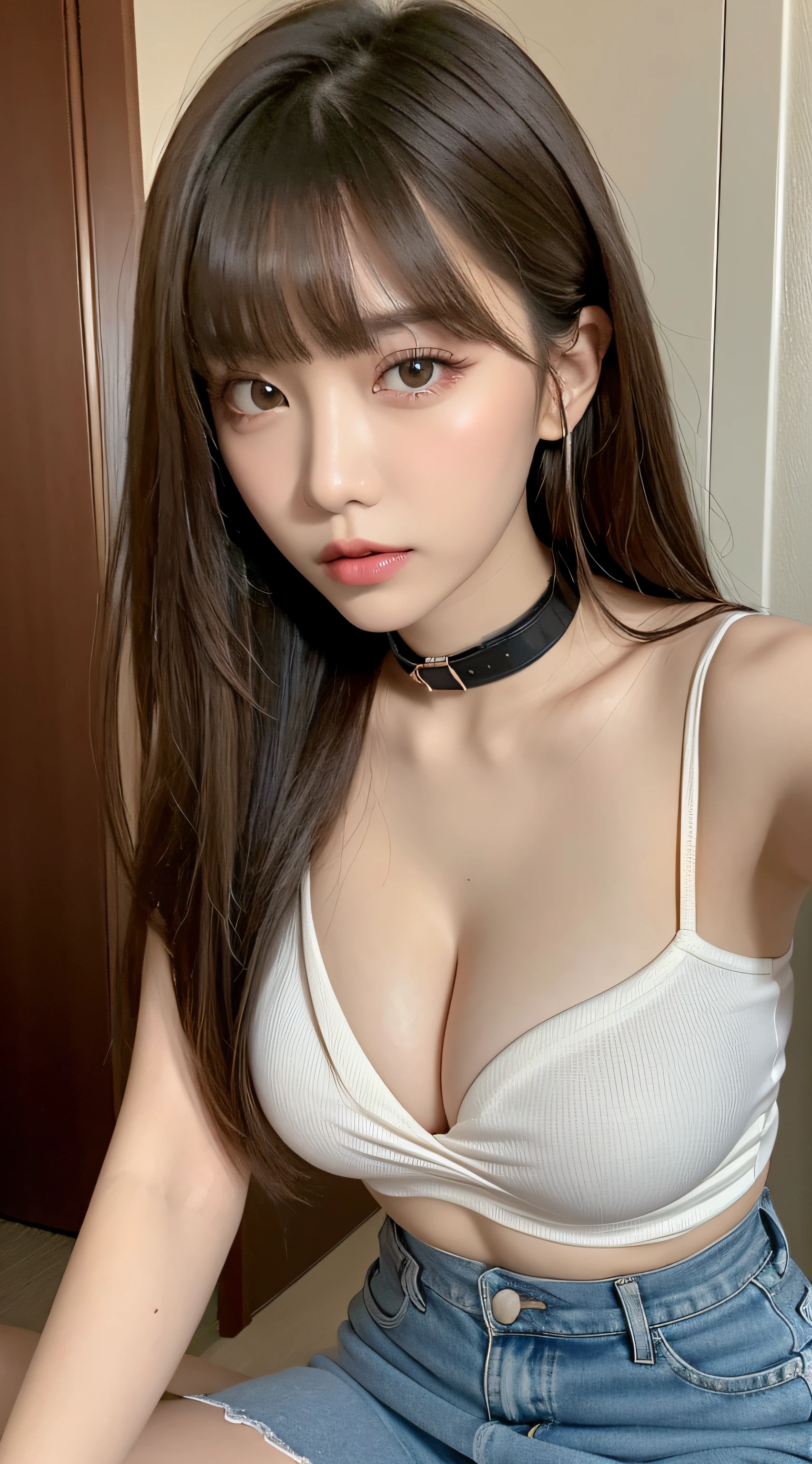 (Best Quality, in 8K, masutepiece, Ultra HD: 1.3), 1girl in, mideum breasts, light brown hair, Blunt bangs, hair behind ear, hair over shoulder, Long hair, slender body shape, Ultra Fine Face, Delicate lips, Beautiful eyes, Double eyelids, lipsticks,cleavage of the breast,A gaze that invites you, Ultra-thin hands, Ultra-fine fingers, shirt with collar, tight skirts , beauty legs ,pumps.s Office