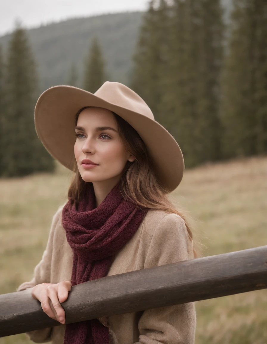 woman in a prairie hat and a scarf leaning on a fence, in the style of calm and meditative, whistlerian, eco-friendly craftsmanship, alex hirsch, strong emotional impact, i can't believe how beautiful this is, pastoral, upper body
