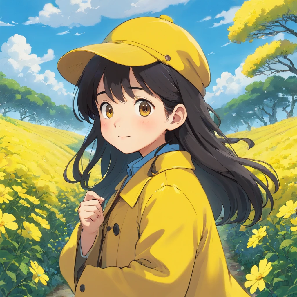 A happy  girl，Hats，Long black hair，Canola bushes，butterflys，Yellow coat，with blue sky and white clouds，