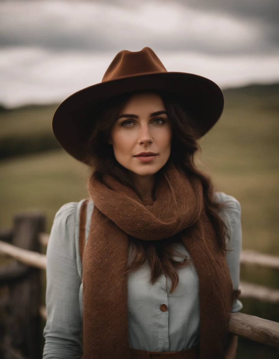 woman in a prairie hat and a scarf leaning on a fence, in the style of calm and meditative, whistlerian, eco-friendly craftsmanship, alex hirsch, strong emotional impact, i can't believe how beautiful this is, pastoral, upper body