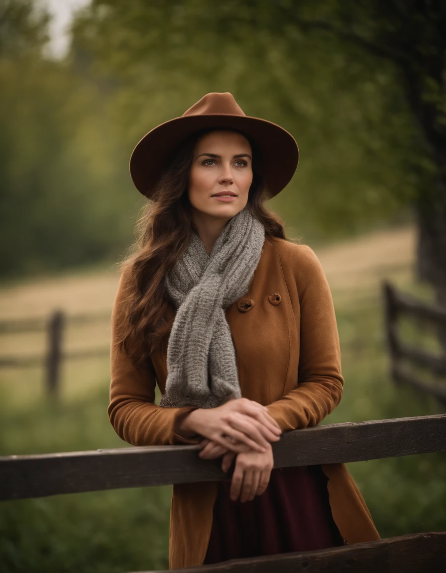 woman in a prairie hat and a scarf leaning on a fence, in the style of calm and meditative, whistlerian, eco-friendly craftsmanship, alex hirsch, strong emotional impact, i can't believe how beautiful this is, pastoral, upper body