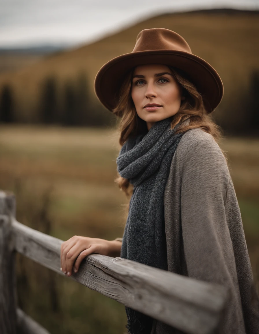 woman in a prairie hat and a scarf leaning on a fence, in the style of calm and meditative, whistlerian, eco-friendly craftsmanship, alex hirsch, strong emotional impact, i can't believe how beautiful this is, pastoral, upper body