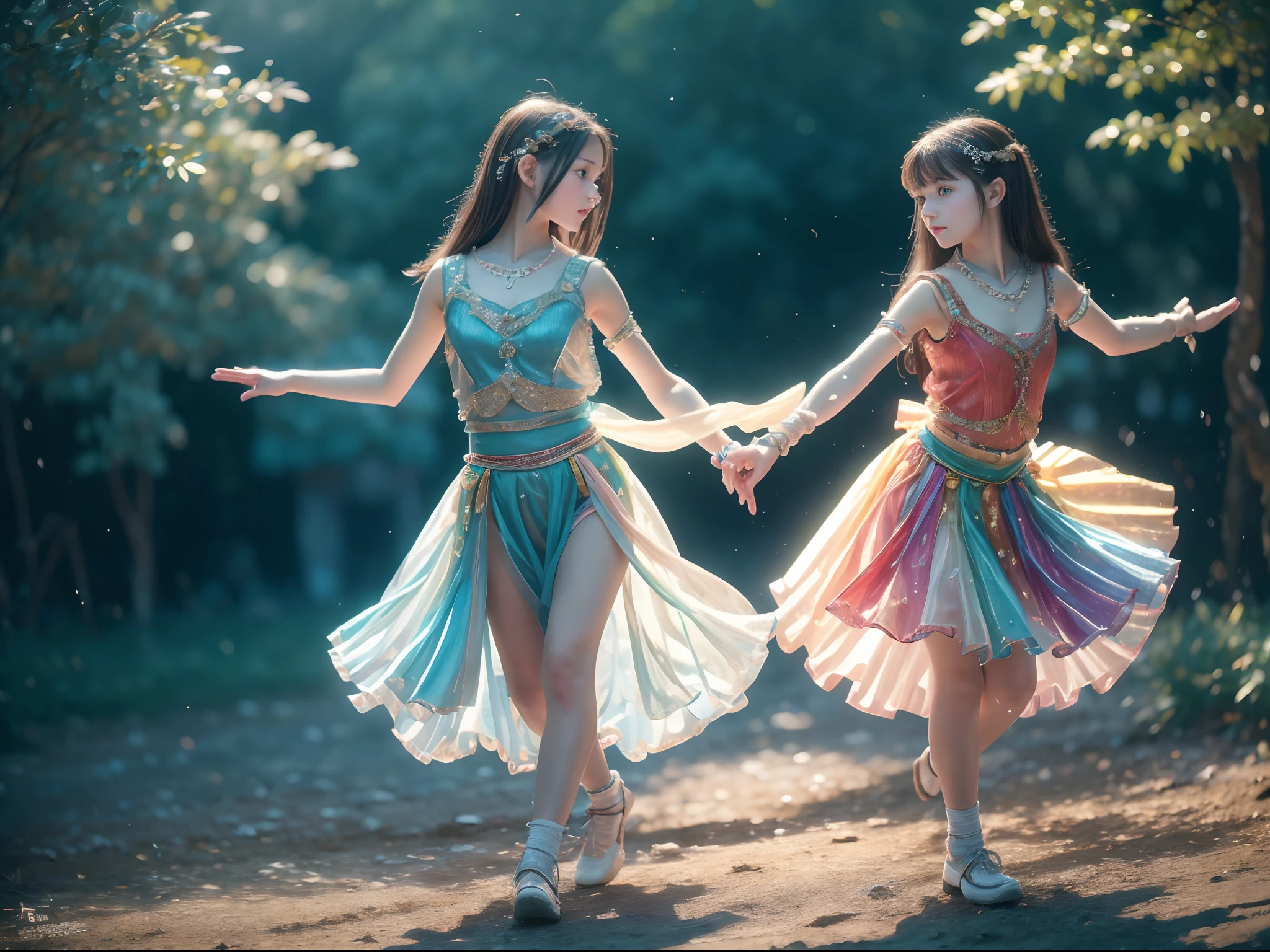 beautiful teen girl is doing folk dance with her friend, looking into the camera, photorealistic painting, sharp focus, 8k, perfect composition, trending on art station, award-winning photograph, unreal engine 5, cinematic smooth, intricate detail, highly detailed, from below, splash, fractal art, god ray, rainbow, in the park