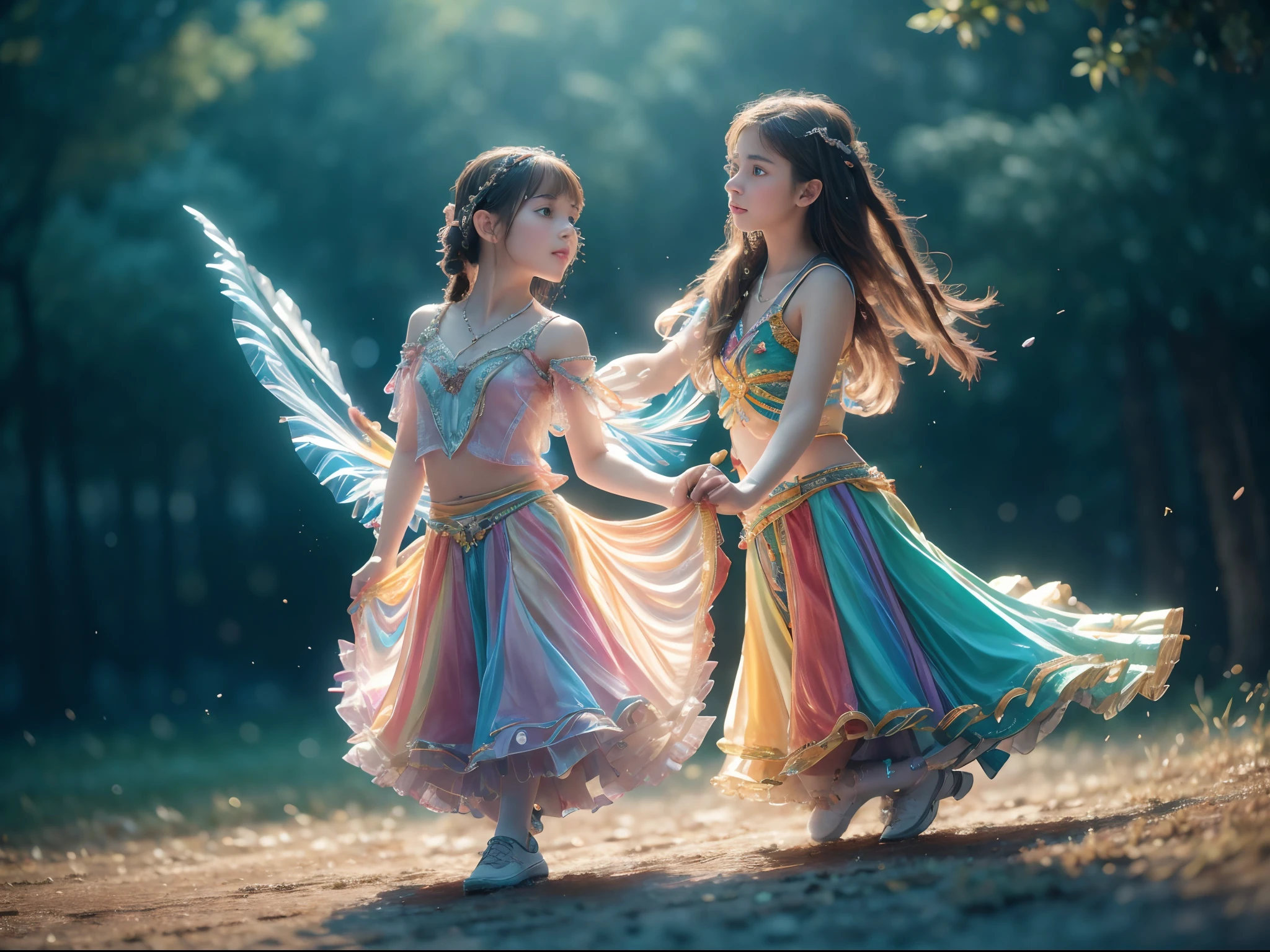 beautiful  girl is doing folk dance with her friend, looking into the camera, photorealistic painting, sharp focus, 8k, perfect composition, trending on art station, award-winning photograph, unreal engine 5, cinematic smooth, intricate detail, highly detailed, from below, splash, fractal art, god ray, rainbow, in the park