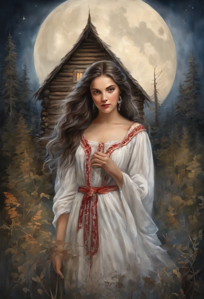 Young girl, Girl 17 years old, beautiful brunette girl, From old Russian fairy tales, Beautiful, long braids of dark black hair, hands on thighs, brown eye, White dress with red ornate ruffles, tape, white cape on the shoulders, letho, woods, the night, lunar crescent Gloomy atmosphere, The dark forest behind you, There are clouds in the sky, (Against the background of an old hut, old log house) the night, Hut in the background, Moon in the background, Night in the background, The forest is dense in the background.
