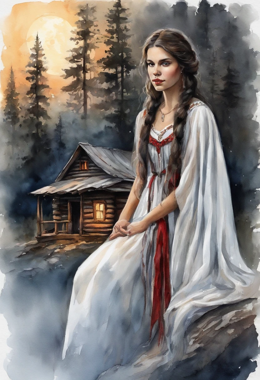 Young girl, Girl 17 years old, beautiful brunette girl, From old Russian fairy tales, Beautiful, long braids of dark black hair, hands on thighs, brown eye, White dress with red ornate ruffles, tape, white cape on the shoulders, letho, woods, the night, lunar crescent Gloomy atmosphere, The dark forest behind you, There are clouds in the sky, (Against the background of an old hut, old log house) the night, Hut in the background, Moon in the background, Night in the background, The forest is dense in the background.