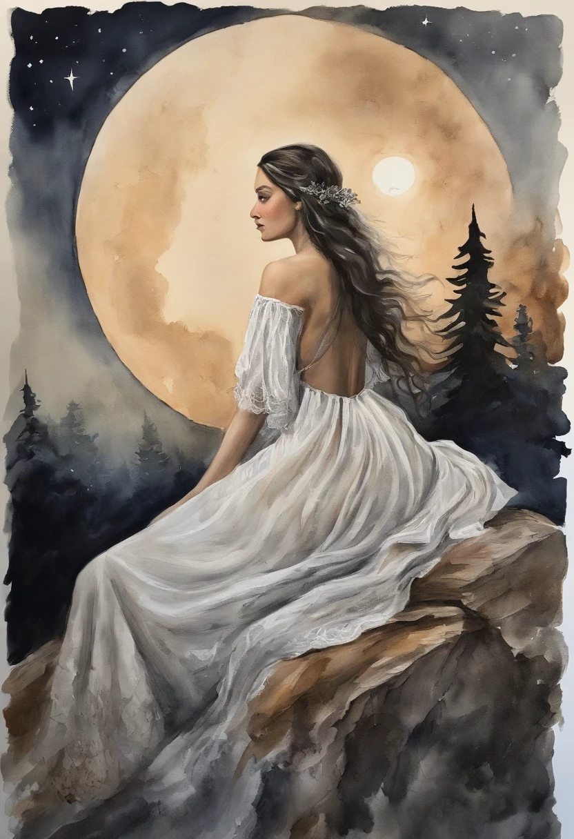 Young girl, Girl 17 years old, beautiful brunette girl, From old Russian fairy tales, Beautiful, long braids of dark black hair, hands on thighs, brown eye, White dress with red ornate ruffles, tape, white cape on the shoulders, letho, woods, the night, lunar crescent Gloomy atmosphere, The dark forest behind you, There are clouds in the sky, (Against the background of an old hut, old log house) the night, Hut in the background, Moon in the background, Night in the background, The forest is dense in the background.