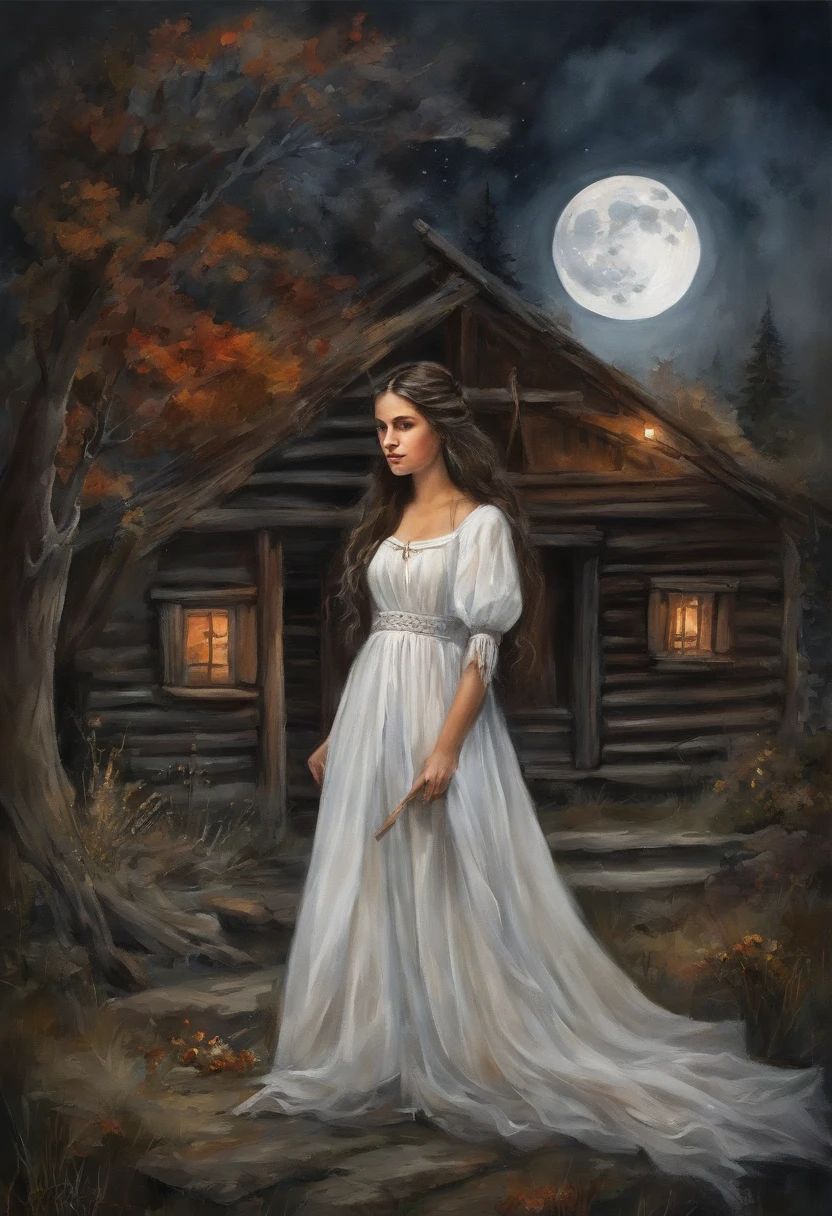Young girl, Girl 17 years old, beautiful brunette girl, From old Russian fairy tales, Beautiful, long braids of dark black hair, hands on thighs, brown eye, White dress with red ornate ruffles, tape, white cape on the shoulders, letho, woods, the night, lunar crescent Gloomy atmosphere, The dark forest behind you, There are clouds in the sky, (Against the background of an old hut, old log house) the night, Hut in the background, Moon in the background, Night in the background, The forest is dense in the background.