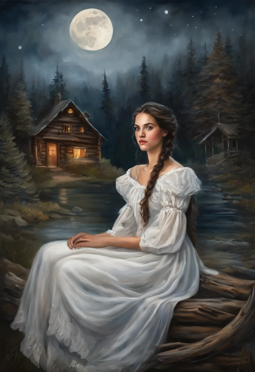 Young girl, Girl , beautiful brunette girl, From old Russian fairy tales, Beautiful, long braids of dark black hair, hands on thighs, brown eye, White dress with red ornate ruffles, tape, white cape on the shoulders, letho, woods, the night, lunar crescent Gloomy atmosphere, The dark forest behind you, There are clouds in the sky, (Against the background of an old hut, old log house) the night, Hut in the background, Moon in the background, Night in the background, The forest is dense in the background.