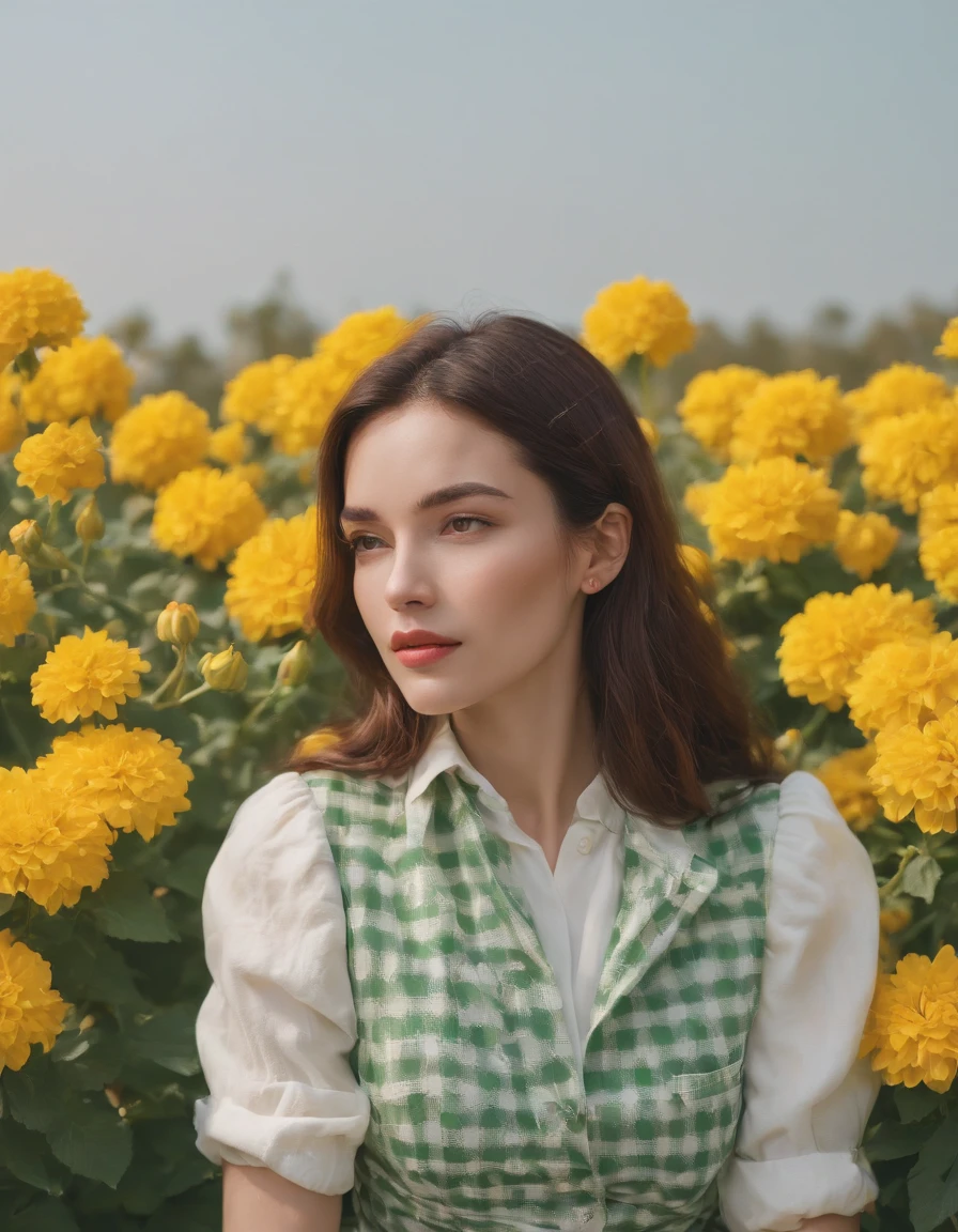 woman wearing white and green retro checkered clothes, yellow flowers on clear sky background, low angle shot, medium shot, high quality photo