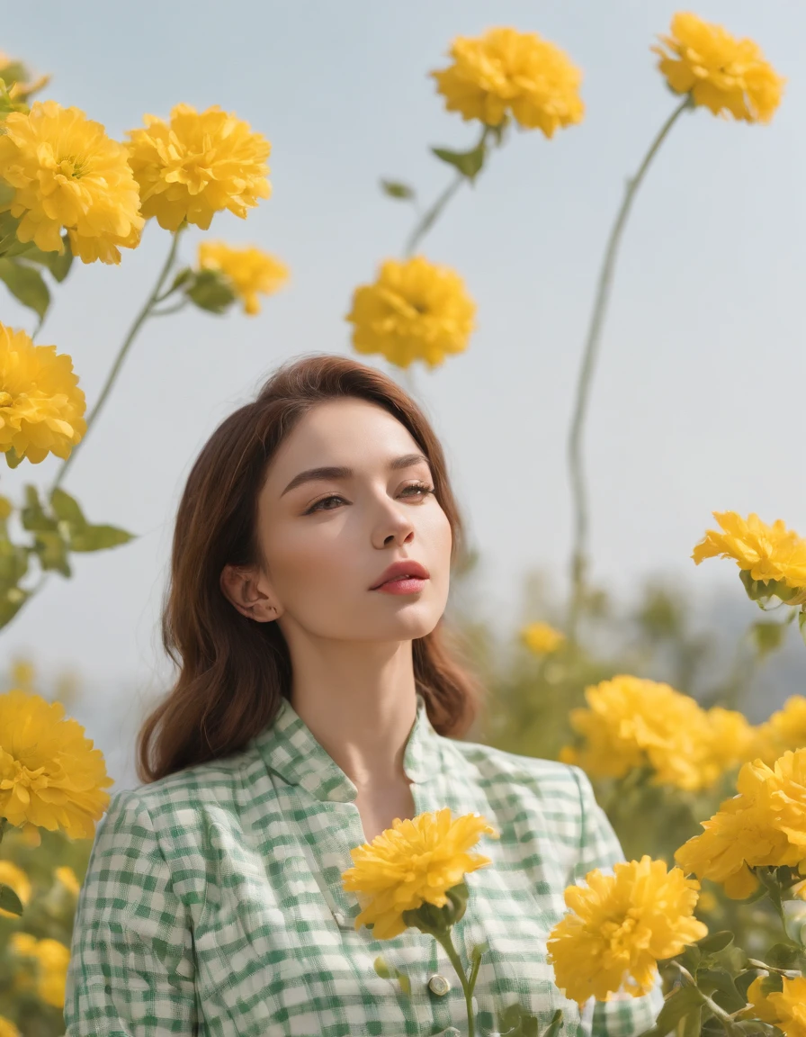 woman wearing white and green retro checkered clothes, yellow flowers on clear sky background, low angle shot, medium shot, high quality photo