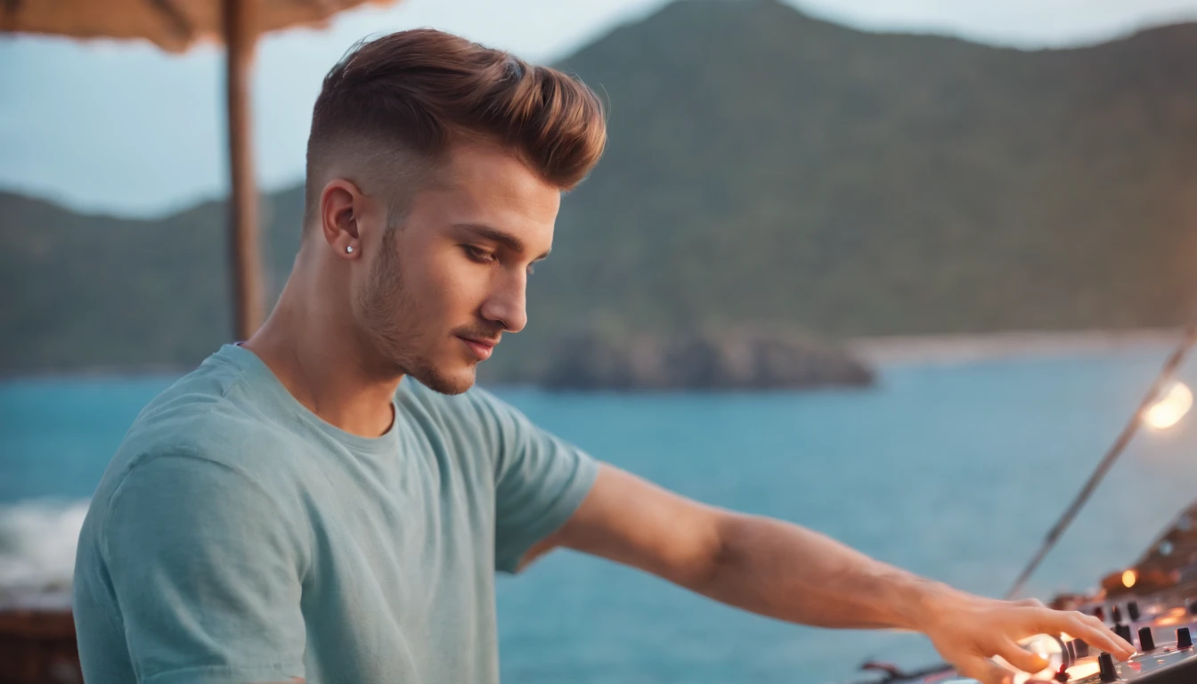 young man plays a dj, plays music with both hands gracefully, dances to the music, bright colors, 8k lens, harmonious seascape background, tattoos, wears a lot of jewelry, has a radiant smile
