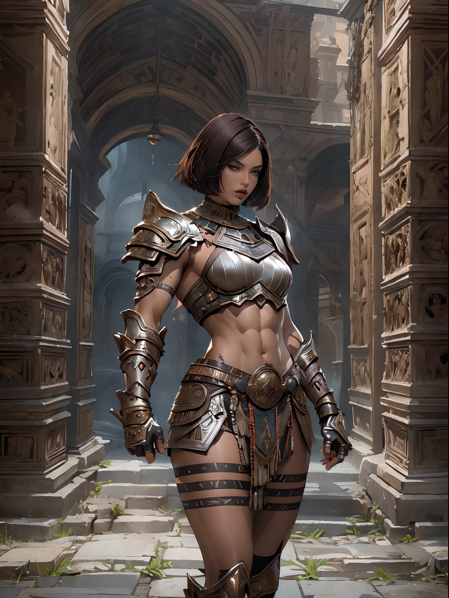 (((of the highest quality: 1.4))),(unparalleled masterpiece ever), (Ultra high definition),(Ultra realistic 8K CG), (((adult body))), (((1girl in))), ((( Bob Shorthair ))), Gladiators with perfect bodies,,Beautiful and well-groomed face,muscular body:1.4,Detailed breastplate, gauntlets、is standing, (Image from head to thigh),(( Dark Brown Bob Shorthair )),, Simon Bisley's urban savage style,Detailed ancient Roman background,Clean abs, Complex equipment, Dark brown with white stars and gray and white stripes,,,s Armor, Poison tattoo