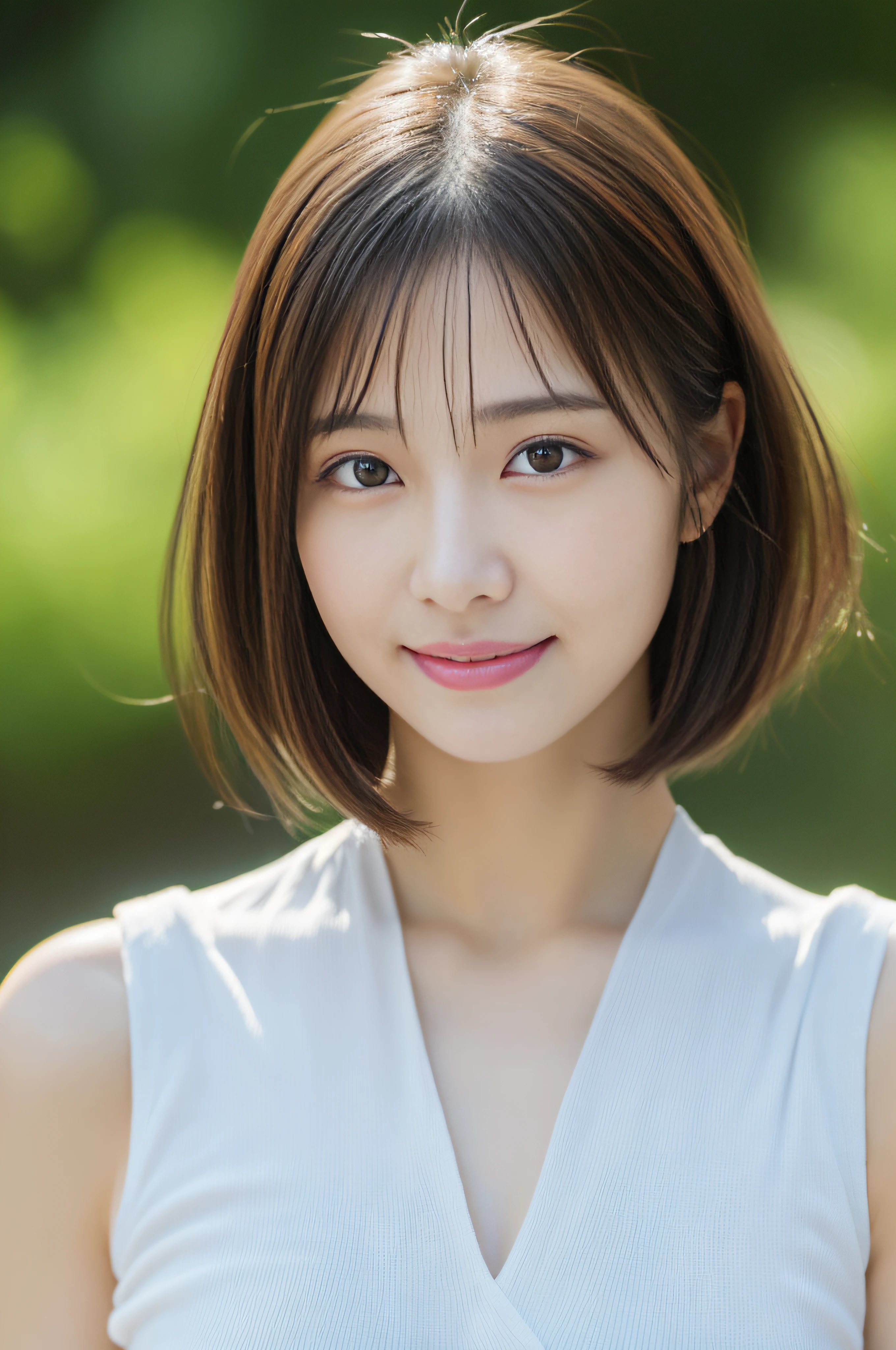 (Best Quality, masutepiece, Ultra high definition, High resolution, Highly detailed, High Definition Face, crisp image, nffsw:1.5), (Film Photography Styles:1.3), (20-year-old woman:1.3), (Full body:1.3), 1 beautiful woman, (Mixed-race beauty Japan:1.5), (Beautiful eyes, Light in the eyes), The facial features are clear, White skin, Glossy, Very fair skin, Shiny skin, violently fluttering hair, Very smile, Casual dress, Cute face, Short bob hair, 8 life-size, Huge breasts