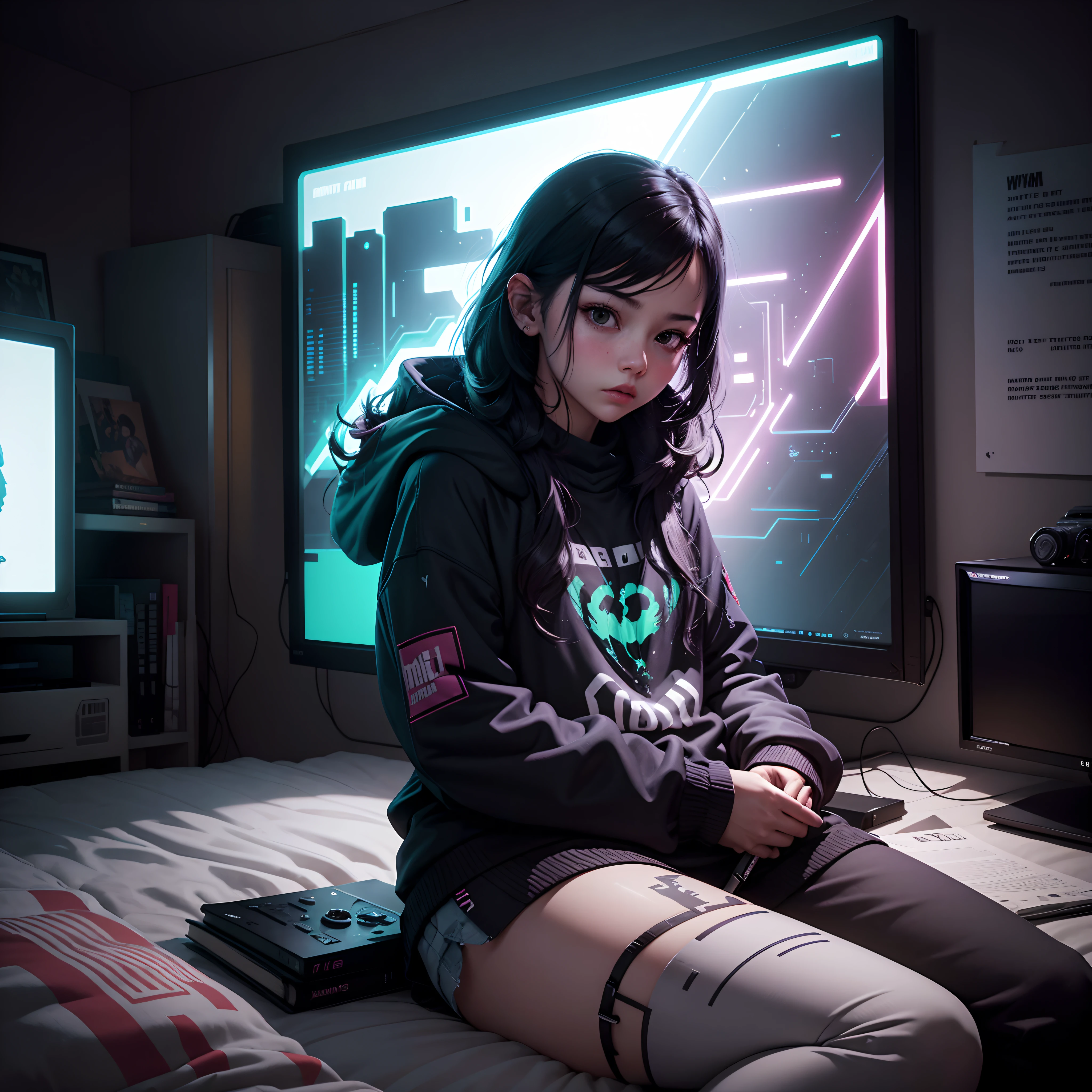 There's a girl sitting on a bed in a room playing video games, Great TV, Teen Room with Books, cyberpunk, inspirado por Liam Wong, Por la noche, dim room, lo-fi illustration style, Sala de jugadores, Study in the room, Cyril Rolling Over y M.W Kaluta, Room for teenagers.  feñiz