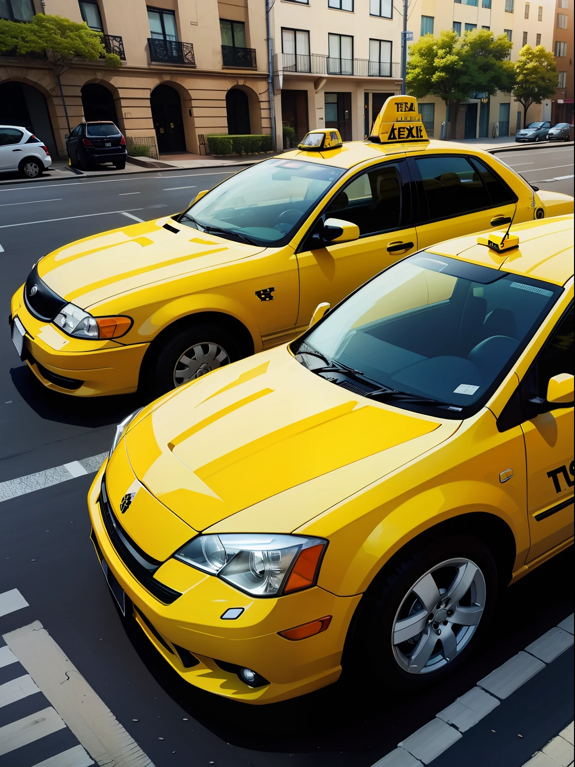 2d, side view of a taxi parked near the pavement, street