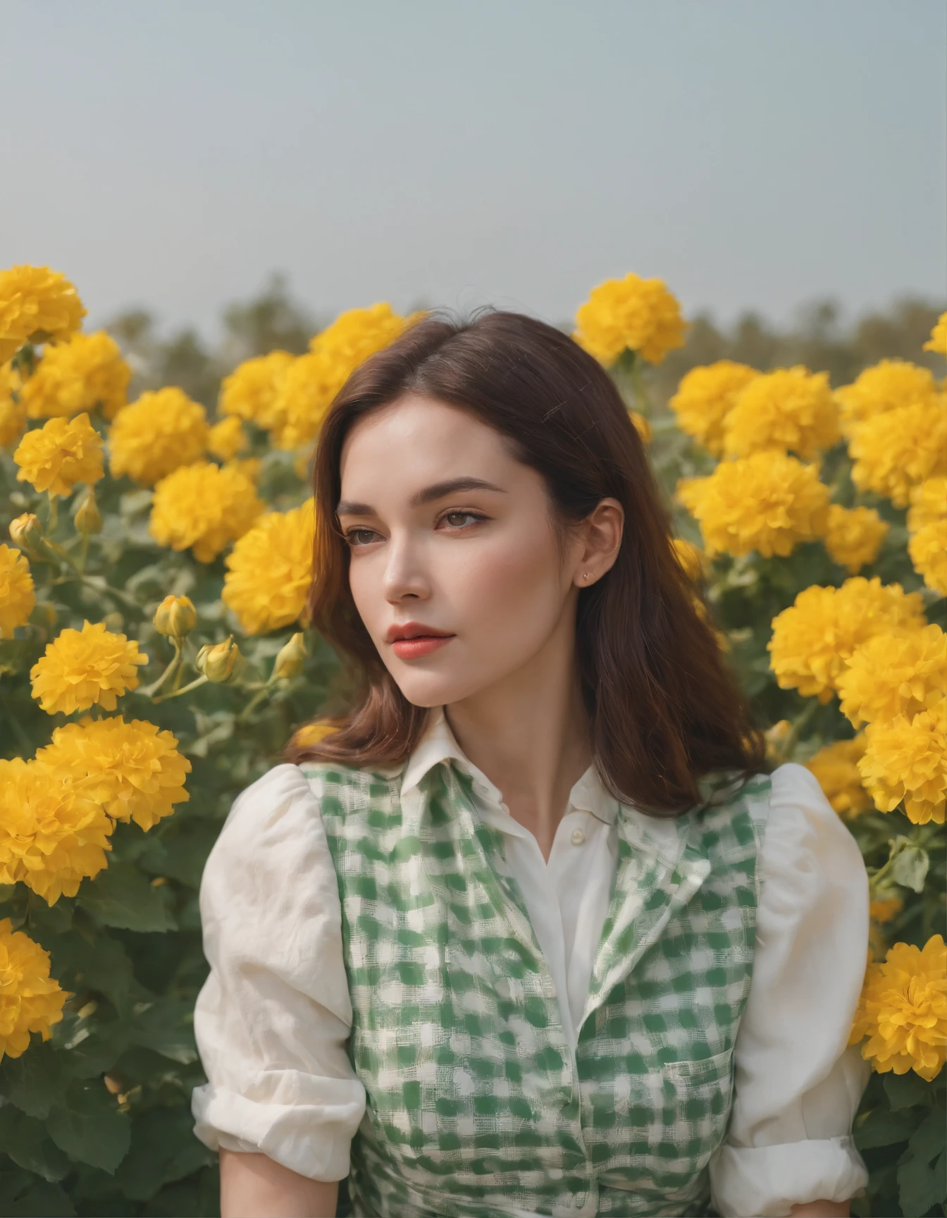 woman wearing white and green retro checkered clothes, yellow flowers on clear sky background, low angle shot, medium shot, high quality photo