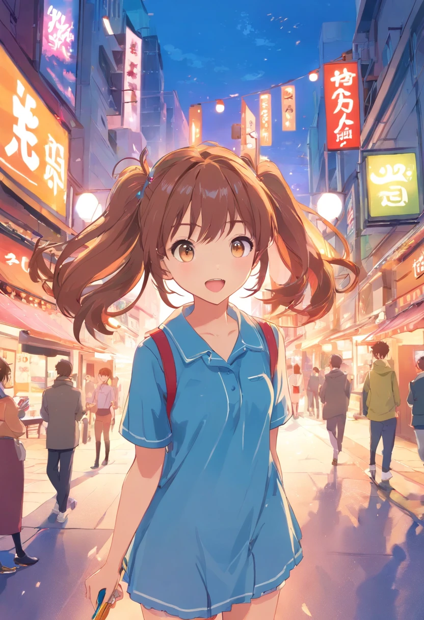 (((tmasterpiece))),comic book illustration.Lively and cute girl,having fun,cheerfulness,Genki girl,kawaiitech, kawaii,。Big bright eyes,Colorful double ponytail,夏天,Popsicles,8K