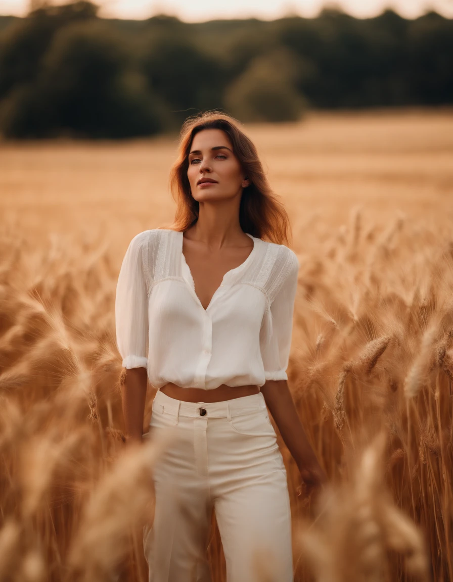 a woman in a white blouse and pants standing in a wheat field, in the style of gossamer fabrics, asymmetrical balance, y2k aesthetic, luminous hues, flowing fabrics, anja millen, kitsch and camp charm, upper body