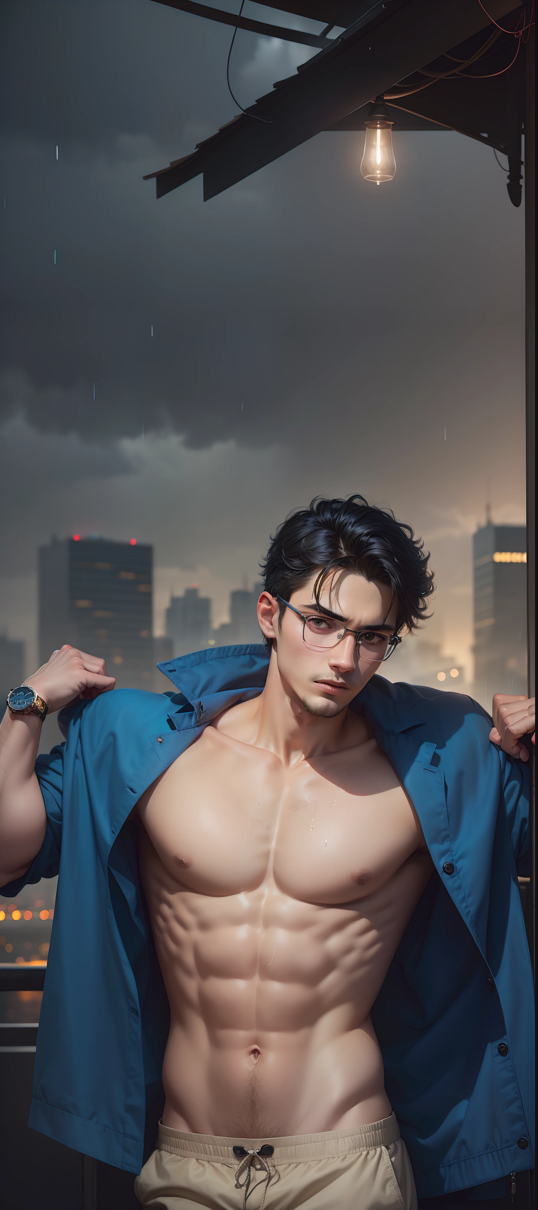 Casual pose, (extremely delicate and beautiful work), (masterpiece), 1boy, overbearing president, gold wire glasses, white shirt, high detail, suit, watch, cold expression, clear eyes, simple bokeh background, extreme detail depiction, handsome and compelling, super fine painting, delicate face, fine mix4, (8k, RAW photo, best quality, masterpiece: 1.2), (realistic, realistic: 1.37), 1boy, handsome, cityscape, (((night))), rain, wet, professional lighting, photon mapping, radiosity, physically-based rendering,