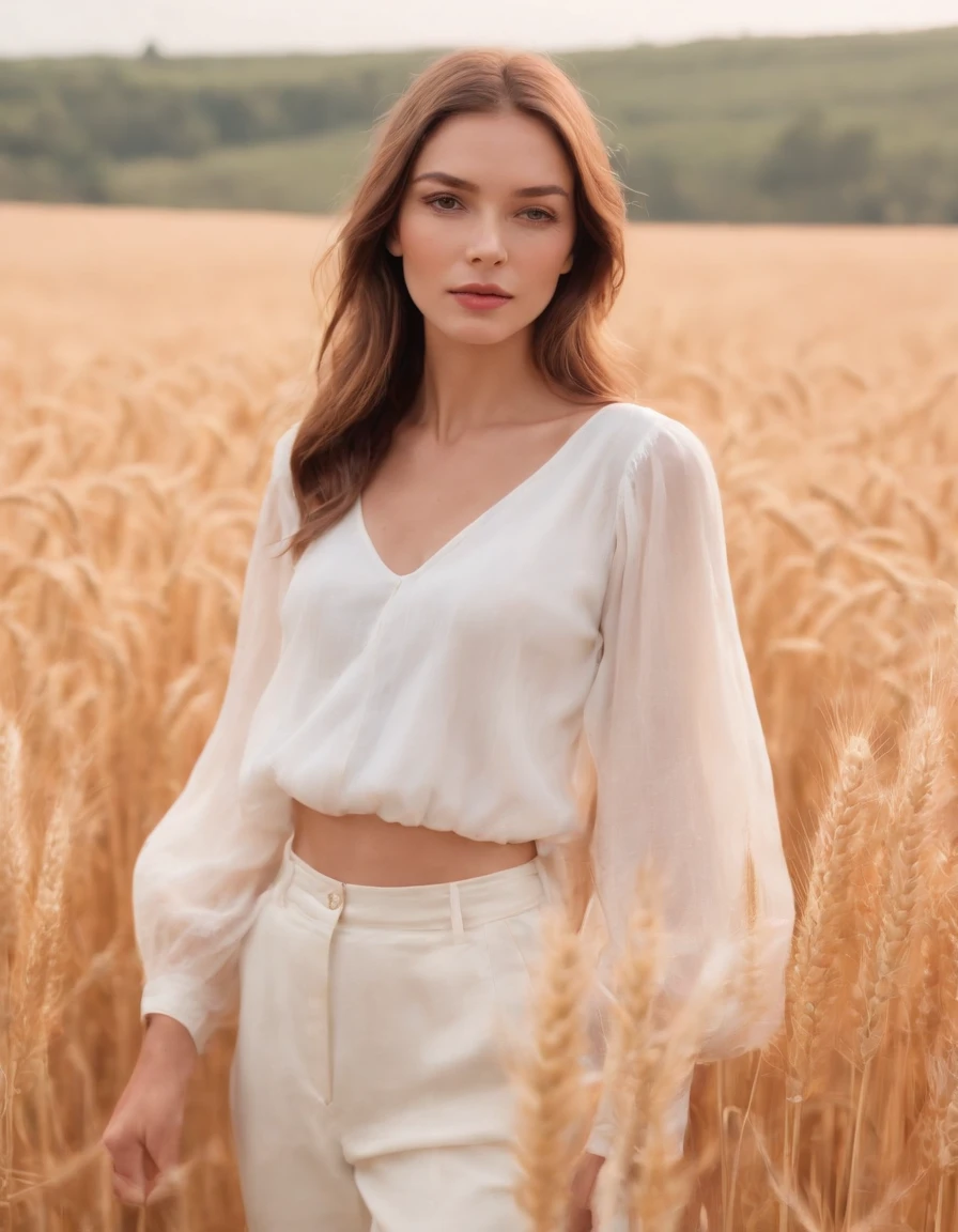 a woman in a white blouse and pants standing in a wheat field, in the style of gossamer fabrics, asymmetrical balance, y2k aesthetic, luminous hues, flowing fabrics, anja millen, kitsch and camp charm, upper body