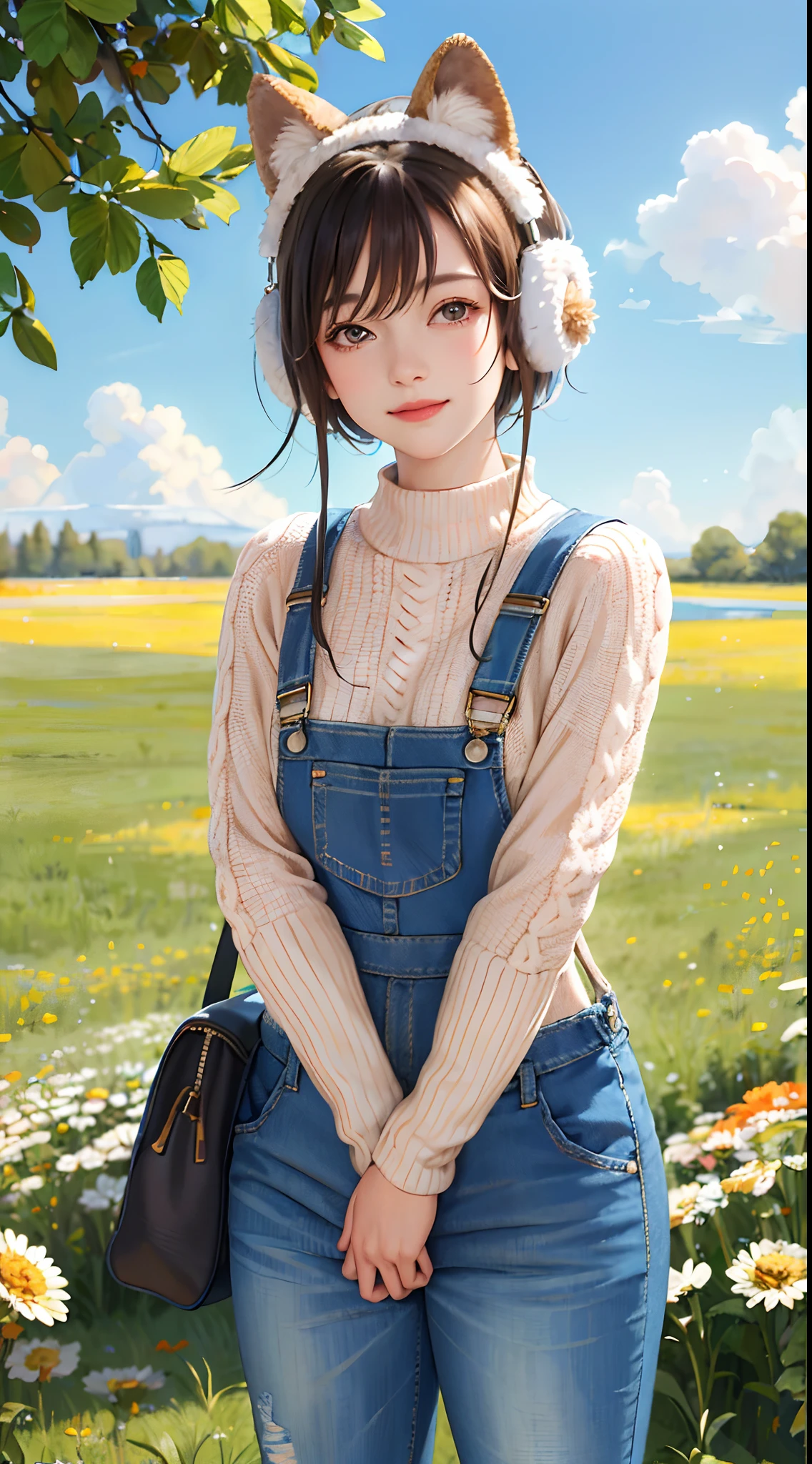 (Masterpiece:1.5, Best quality:1.5), Realistic, (Ultra photo realsisim:1.5), (photograph realistic:1.5), (Real picture, Intricate details), view the viewer, (8K wallpaper:1.5) (From knee to head:1.15), (Detailed face:1.5), (Detailed eyes:1.5), (clear photo),Highly detailed, Ultra-detailed, 超高分辨率, (strong depth of field:1.5)
Style - cute and playful
Positioning - Open field
Background - blue sky and white clouds
Theme - Little girl with pink knitwear and animal earmuffs, Holding a teddy bear
View—Front view
Appearance - short hair, Bright eyes, Ruddy cheeks
Clothing - pink knitted sweater, jeans overalls, White sneakers, Animal earmuffs
Posture - Stand with a big smile, Hug the teddy bear
Details - wildflowers and tall grass in the background, Butterflies and birds flying around
Effect - warm sunlight shines on the girl, Cast a soft glow
Description - A cute and innocent girl enjoying her time in an empty field, Surrounded by the beauty of nature. She wears a pink knitted sweater, jeans overalls, Wear animal earmuffs when hugging teddy bears. The warm sun shines on her，wildflowers gently swaying in the breeze. Butterflies and birds flew around her, adding to the playful atmosphere.