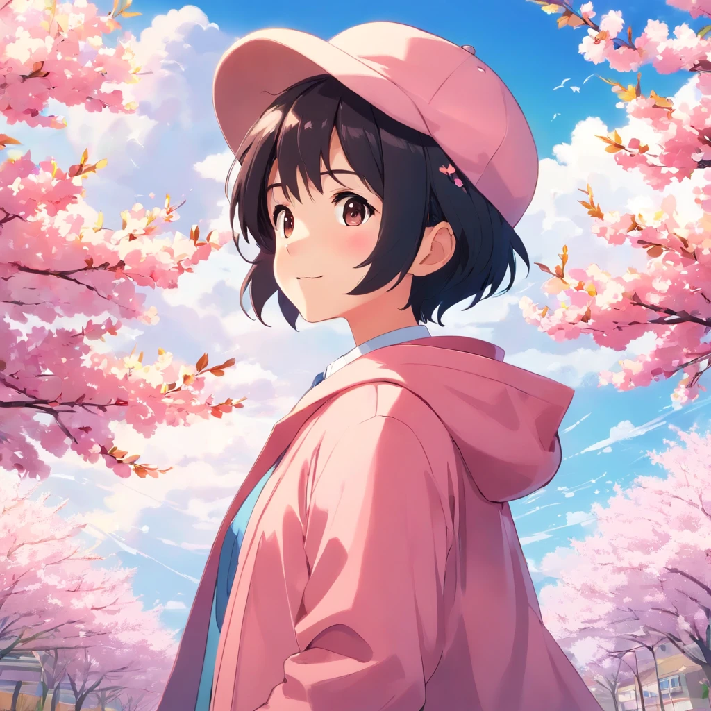 A happy little boy,Hats,Short black hair,the cherry trees,butterflys,Pink coat,with blue sky and white clouds,