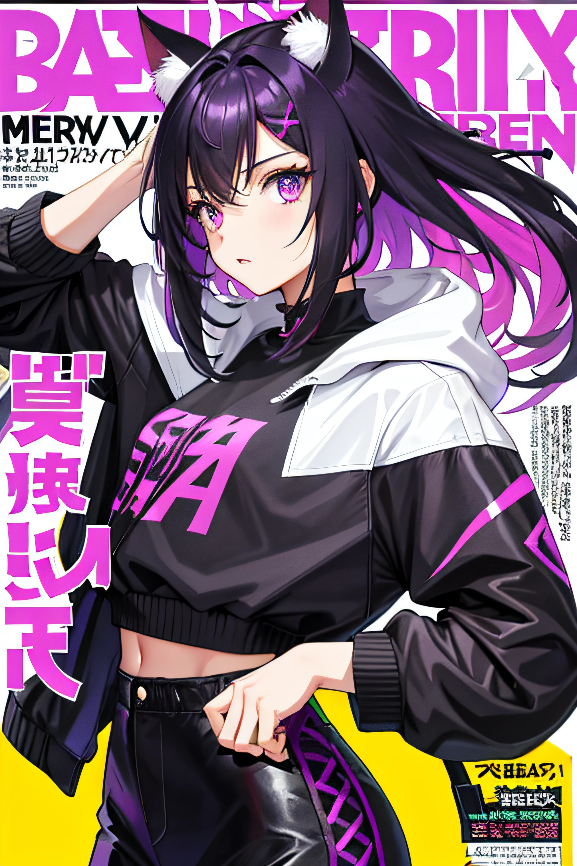 1girll， beuaty girl， cabelos preto e longos， Cat ears， comma hair， Comma hair on the forehead， Street style， brightly， Purple eye， looking at viewert， The upper part of the body， Megazine cover， Best quality at best， Spectacular